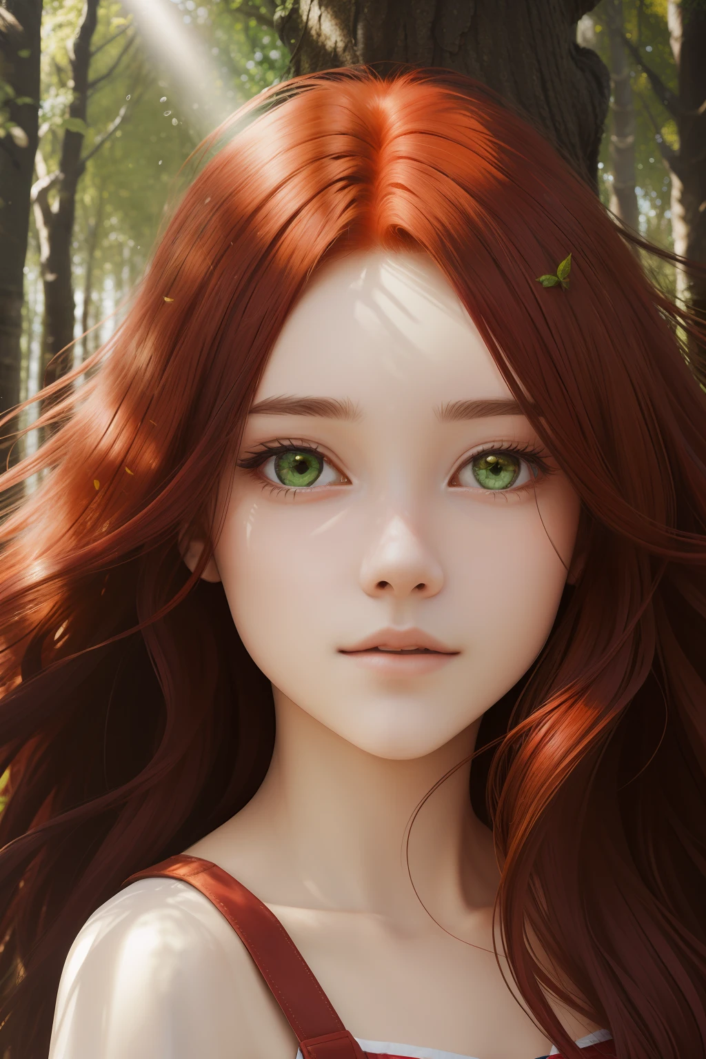best qualtiy, tmasterpiece,Red hair,A girl, exteriors, The upper part of the body, Realistis,Floating hair, ,Detailed face, Green trees, Sunshine