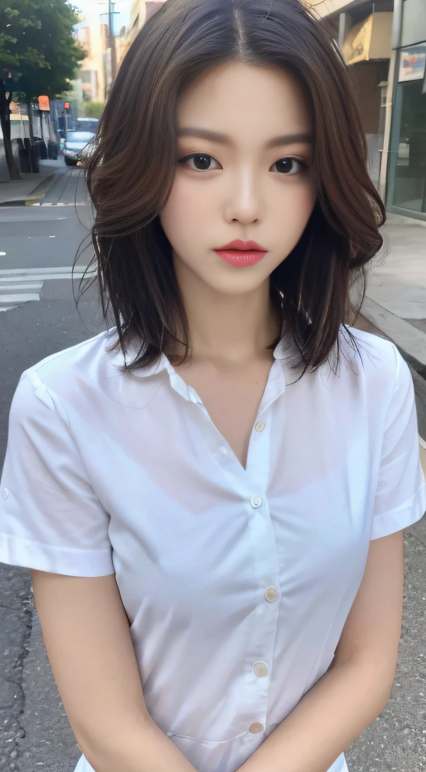 ((Best Quality, 8K, Masterpiece: 1.3)), Sharp: 1.2, Perfect Body Beauty: 1.4, Slim Abs: 1.2, ((Layered Hairstyle, :1.2)), (White Button Short Sleeve Shirt: 1.1), (Street: 1.2), Wet: 1.5, Highly detailed face and skin texture, Fine eyes, double eyelids, looking at the camera