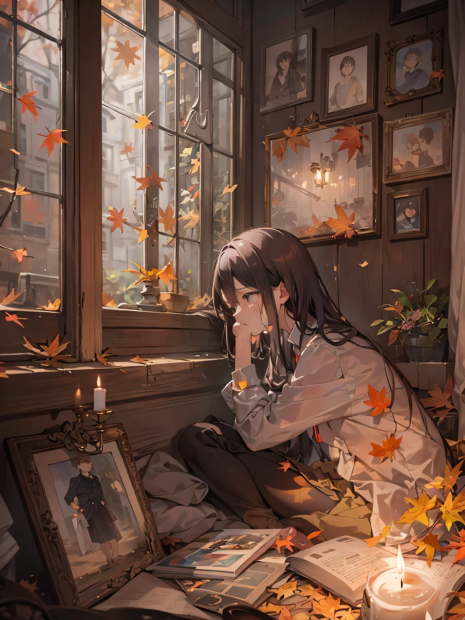 ,Masterpiece, Best quality,8K, 超高分辨率,Outside the window are autumn leaves,The room is filled with flickering candlesticks and scattered photo albums。The protagonist sits by the window,Tears ran down his pale face。He grabbed a photo,The eyes showed longing and regret for the loss of loved ones,The whole room was filled with a faint sense of sadness。