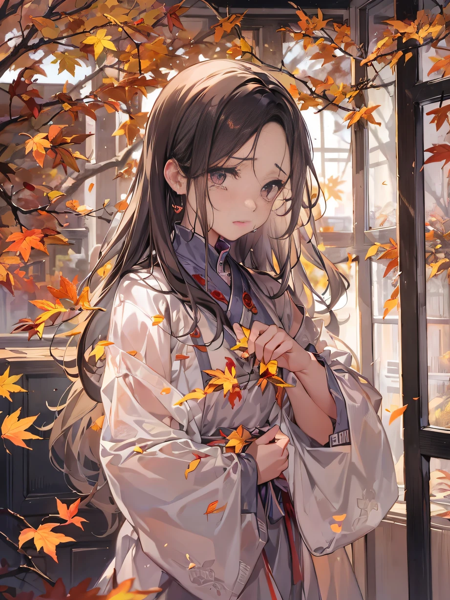 ，Masterpiece, Best quality，8K, 超高分辨率，Outside the window are autumn leaves，The room is filled with flickering candlesticks and scattered photo albums。The protagonist sits by the window，Tears ran down his pale face。He grabbed a photo，The eyes showed longing and regret for the loss of loved ones，The whole room was filled with a faint sense of sadness。