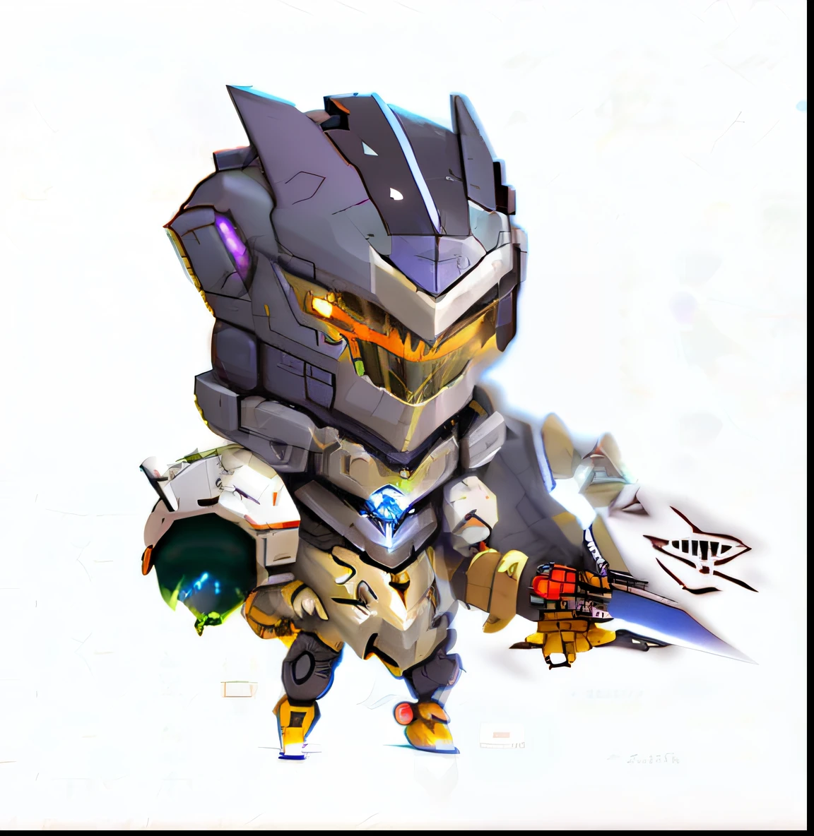 Galactic Space Hunter，Mechanical morphing cartoon avatar，Dark Space Mercenary Equipment，Armed with a machine gun，gungrave，kda，Carrying a laser gun，Equipped with remote attack methods，2D game sprite image，laser guns/Multiplier weapons such as plasma guns，Fight alongside the Domina Trix Assassin robots。