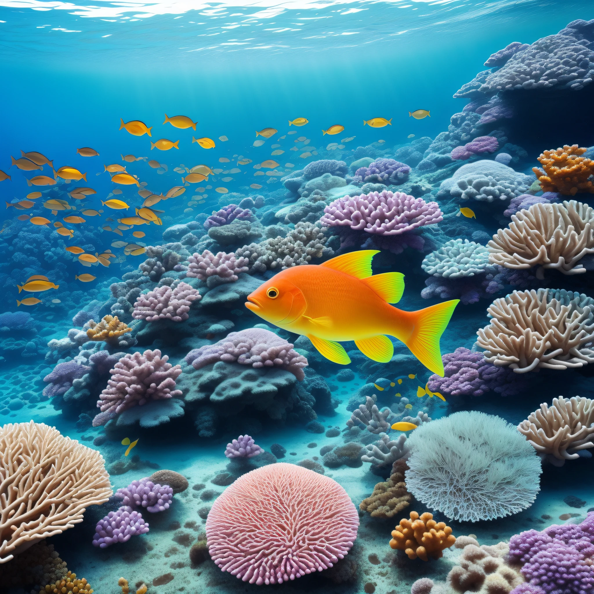 ocean floor、Marine life、Beautiful coral reef、The fish，(Masterpiece:1.2), (Best quality:1.2), (Realistic:1.2), Photography, Nikon, 85mm, 8K, (Sharp focus:1.2), (high resolution:1.2), (Ultra-detailed:1.2), Bright school building,