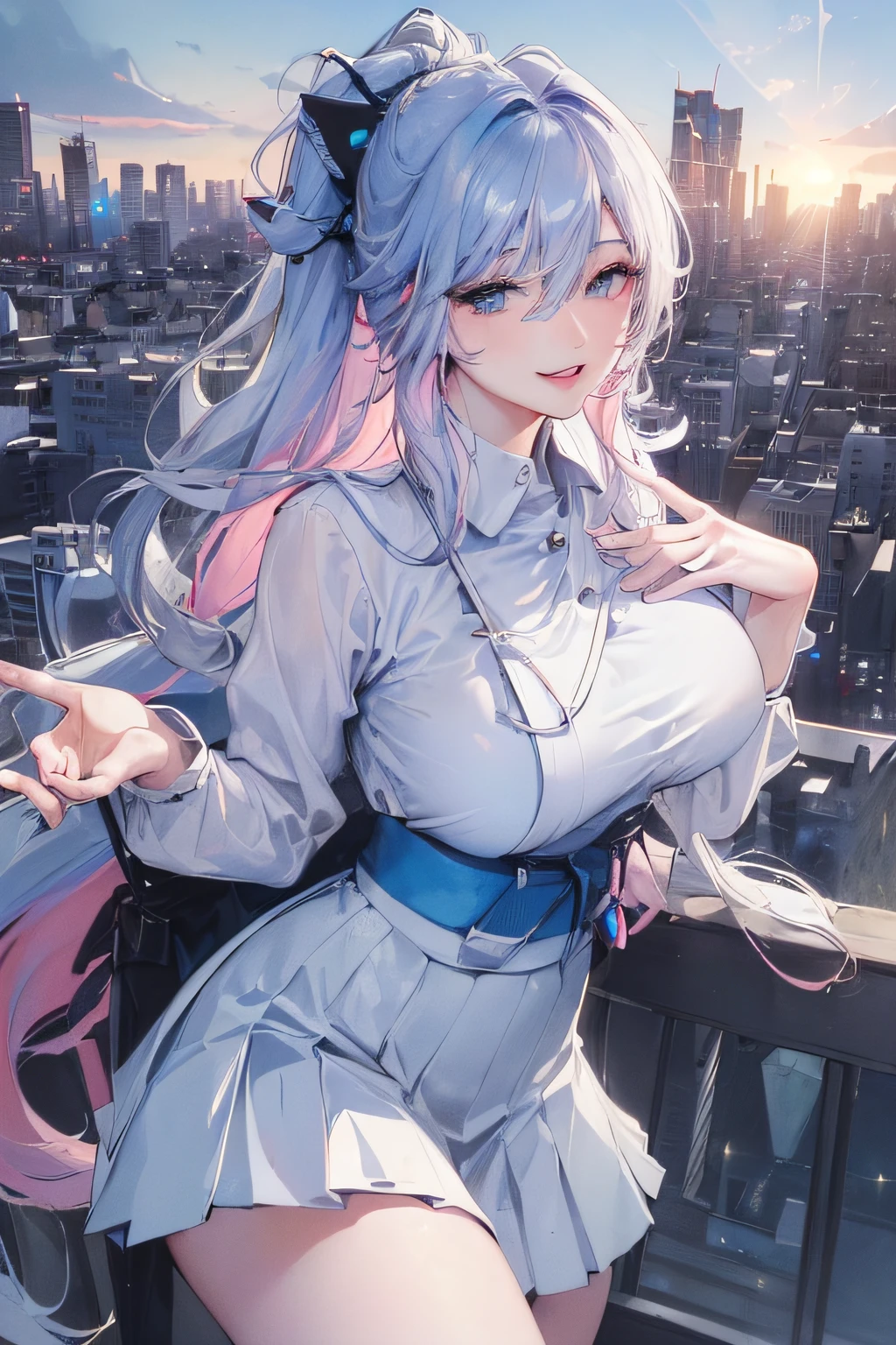 official art, masterpiece, sharp focus, (beautiful gorgeous cute Korean woman:1.3), (beautiful cute korean:1.3), korean beauty, Delicate and beautiful hair and eyes and face, realistic, ultra detailed, beautiful girl, blue sky, glow white particle, (sidelighting:1.2), sun light, white cloud, detailed clouds, slender, Lovely very large breasts and very large hips, smile with teeth, ((smile with eyes, open both eyes)), scenery, long straight hair, sexy facial expression, building, (cityscape:1.7), dynamic hair, long straight hair, detailed platinum pink hair, glow blue eyes, (blue pleated shirts + white skirt), white long socks, pale skin, hair ornament, epic scenery,