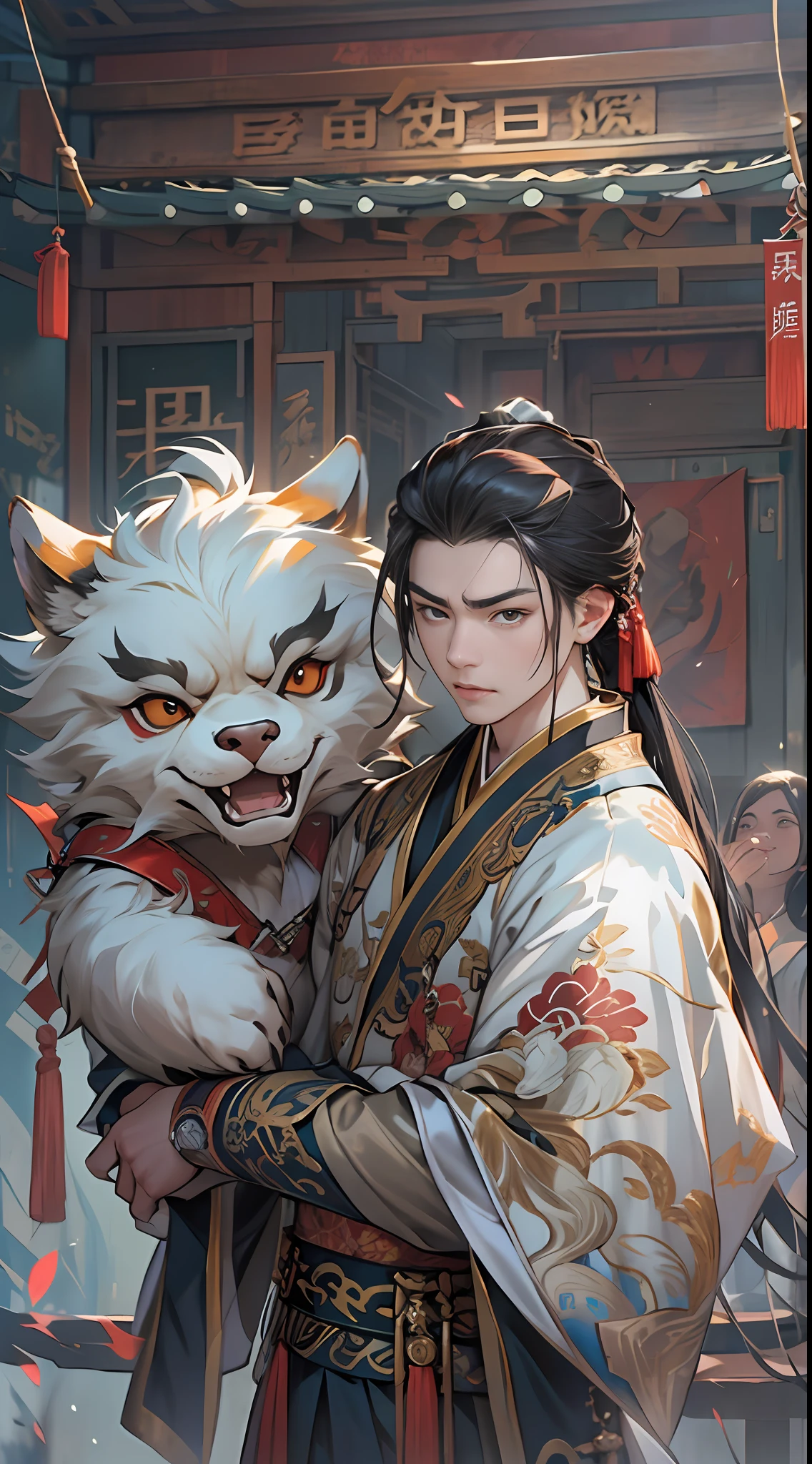 Li Gu quickly retreats and protects Li Xiao Xiao and Li Xin, who are next to the puppet, with all his strength. They all have worried and anxious expressions, surrounded by a dangerous aura, , 32k, best quality, masterpiece, super detail, high details,