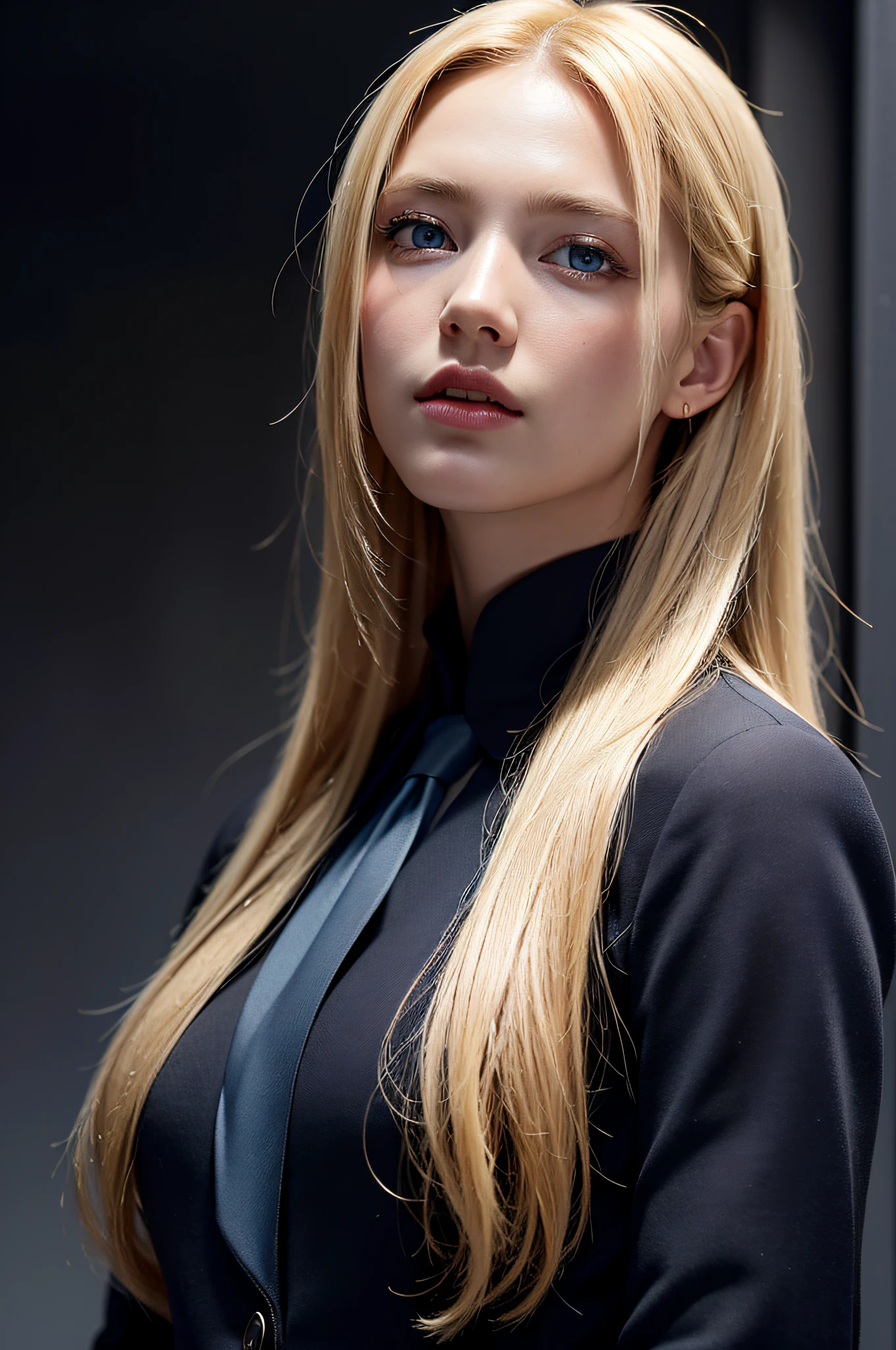 Best quality, masterpiece, ultra high res, (photorealistic:1.4), raw photo, 1girl, blonde hair, blue eyes, detailed eyes and face, black suit, dynamic lighting, in the dark, deep shadow, low key, cowboy shot full-lenght body