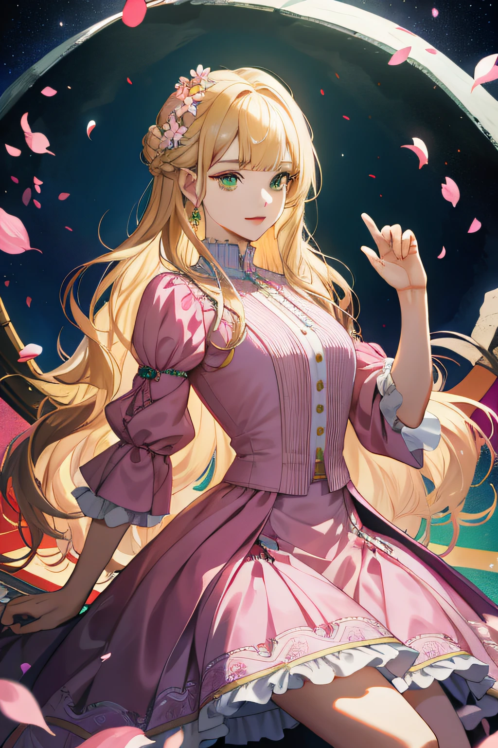 (absurdres, highres, ultra detailed), 1girl, mature female, wavy blonde hair, long hair, blunt bangs, green eyes, pink dress, finely detailed eyes and detailed face, extremely detailed CG unity 8k wallpaper, intricate details, BREAK , kaleidoscopic imagery, symmetrical patterns, vibrant colors, geometric shapes, mesmerizing designs, optical illusions, dynamic composition BREAK , pantomime art, expressive body language, silent storytelling, evocative gestures, visual narratives, theatrical performances BREAK , blooming flowers, colorful petals, fragrant scents, nature's bounty, vibrant gardens, peaceful scenery