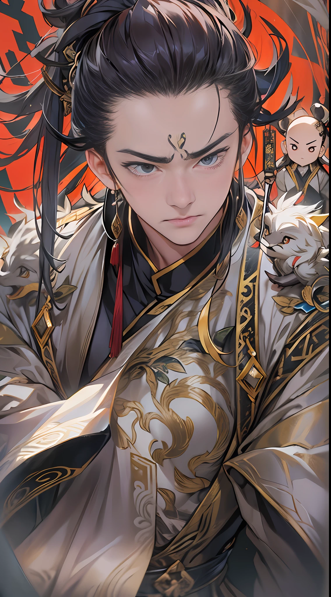 Li Gu quickly retreats and protects Li Xiao Xiao and Li Xin, who are next to the puppet, with all his strength. They all have worried and anxious expressions, surrounded by a dangerous aura, , 32k, best quality, masterpiece, super detail, high details,