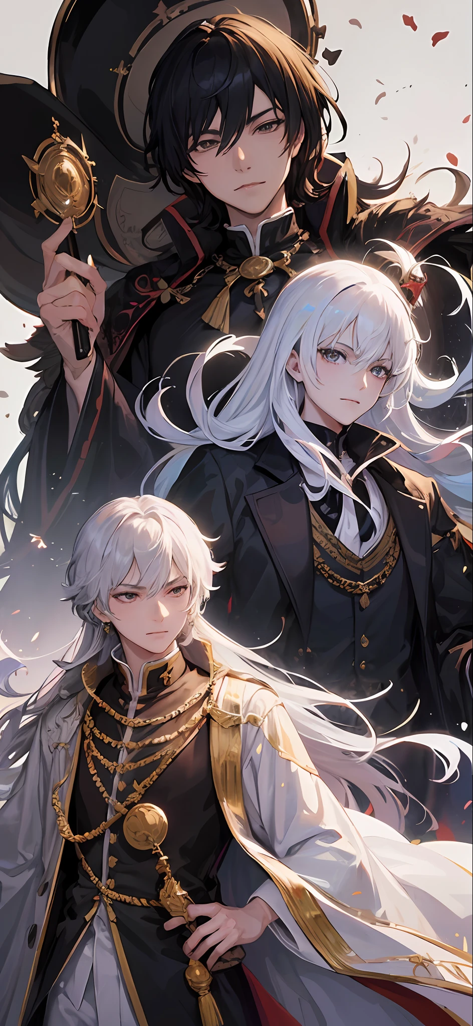 anime - style image of a man with white hair and black and white outfit, ((wearing aristocrat robe)), ( ( wearing a long coat ) ), wearing a black noble suit, royal attire akira, inspired by Li Chevalier, inspired by Okumura Masanobu, delicate androgynous prince, beautiful androgynous prince, roguish smirk --auto