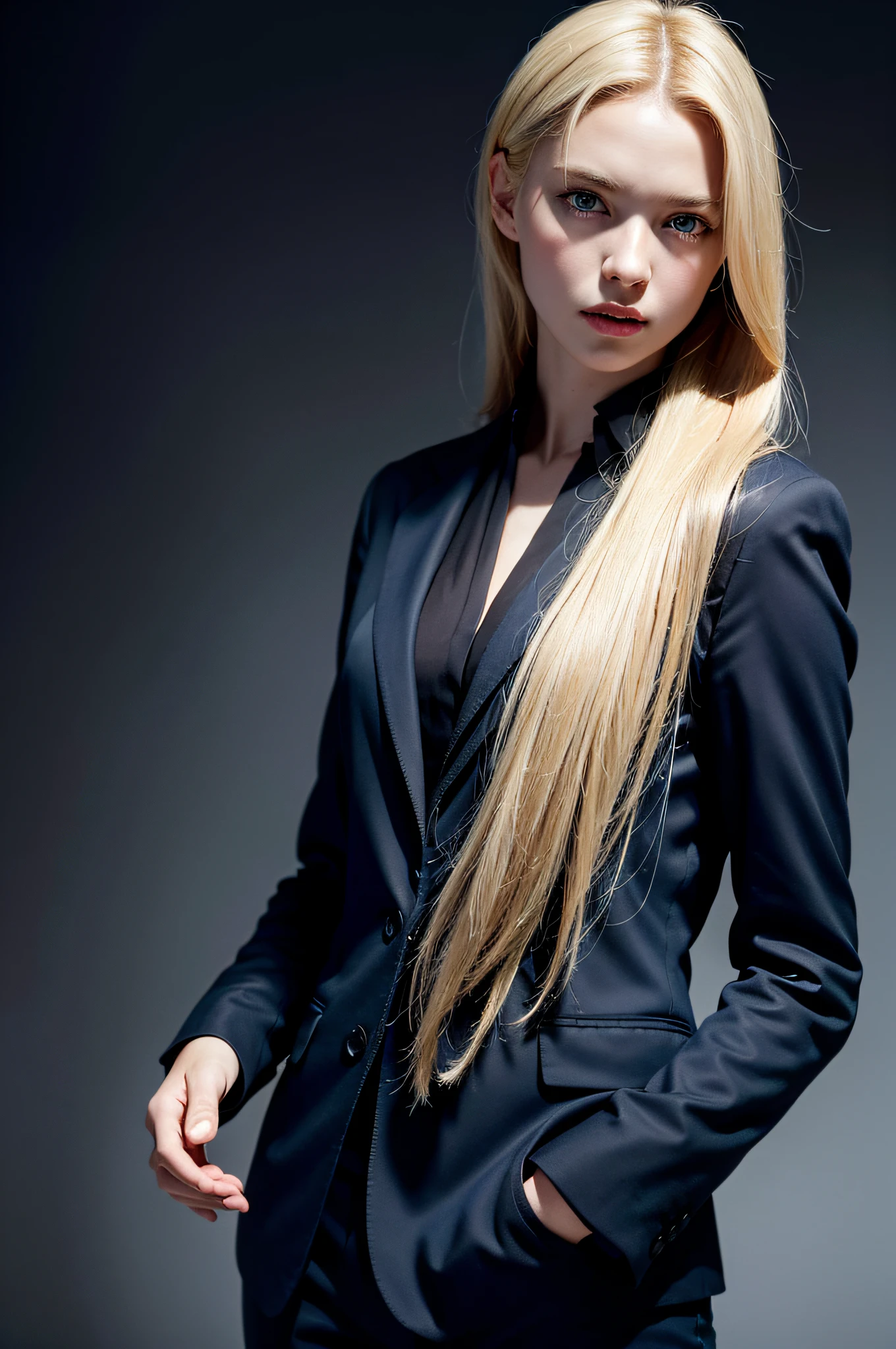 Best quality, masterpiece, ultra high res, (photorealistic:1.4), raw photo, 1girl, blonde hair, blue eyes, detailed eyes and face, black suit, dynamic lighting, in the dark, deep shadow, low key, cowboy shot full-lenght body