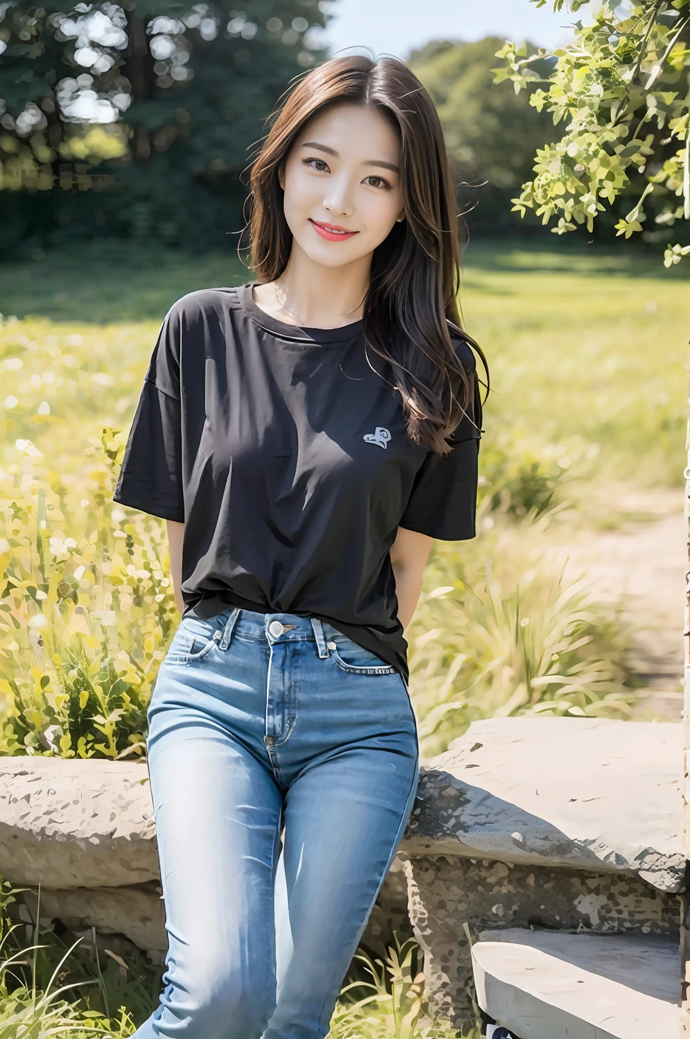 (best qualtiy:1.4),Complicated details,20 years old Korean girl,Wear a loose black T-shirt and skinny jeans,Stand on the grass and take pictures,Detailed meadow,A sweet smile,Ultra-realistic facial details,Coquettish pose,Slender calves:1.2,Wear high-end branded colorful travel shoes:1.0,eventide,naturalshadow,fully body photo:1.5