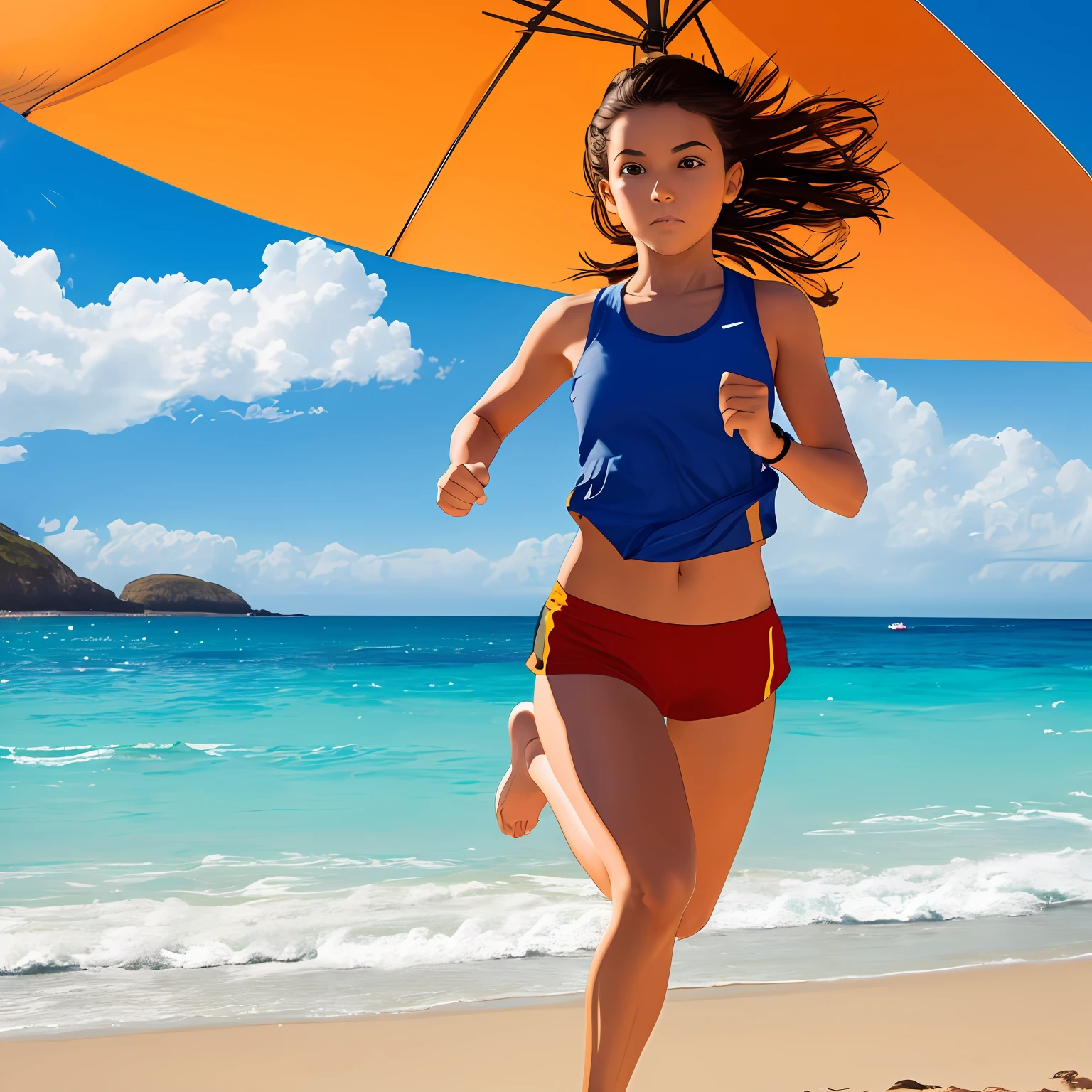 Ultra fine, 4K, ultra high resolution, girl, running by the beach, warm colors, super realistic, beach, realistic colors, girl running, wide field of view, best picture quality --auto