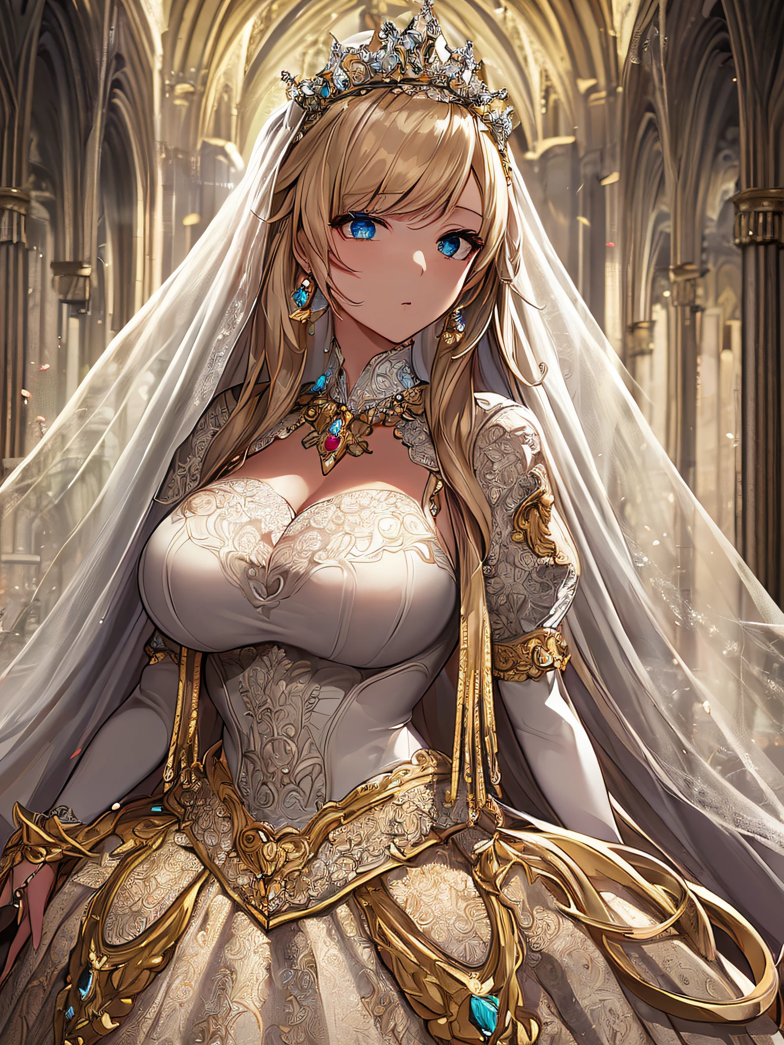 ((anime artstyle)),(Masterpiece),(Best Quality), (Super Detail),((Very Delicate and Beautiful)),Focus on character,Dynamic Angle,Looking at viewer,((Solo)),standing,((full body)),((one princess in gorgeous ball gown wedding dress with voluminous skirt)),((June bride)),detailed face and eyes,jewel-like eyes,((Very Long voluminous Hair)),gorgeous embroidery and lace,((gorgeous corsage)),See-through,(Gorgeous jewelry ornaments),luxury hair ornament,luxury big tiara with jewels,ornate ruffles,((gigantic breasts,Long breasts)),indoor,church wedding,((full body)),hoop skirt,crinoline,very long wedding veil,(((fusion of jeweled wedding dress and gorgeous embroidery rococo ballgown))),