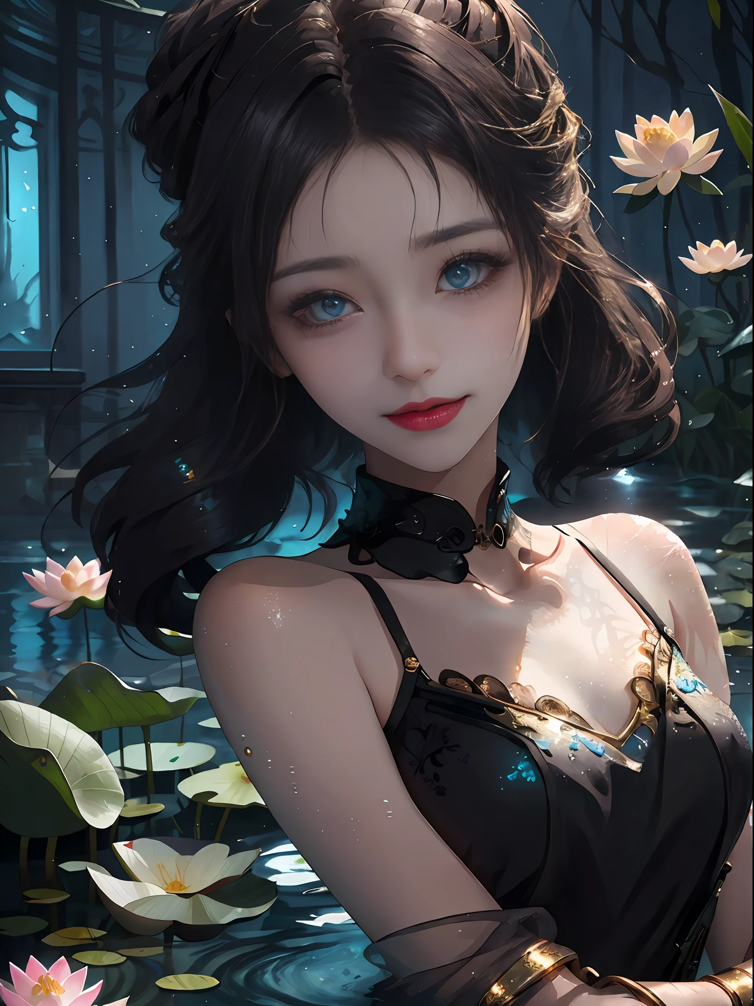best qualtiy，8k，Best quality，(the detail:1.4), There was a woman floating in a pond，This is a close-up illustration created in the Guweiz style，Depicts a character in the water。The figure has a black wavy hairstyle and bangs，is a beautiful young woman。Her skin shimmered with a pure white sheen。A close-up of a character in a body of water，A work of art painted in the style of Guvez，A light smile and dark lipstick，Beautiful and beautiful young woman，Wearing a black lace dress，Lotus blossoms，aethereal!!!，Highly detailed watercolor 8K