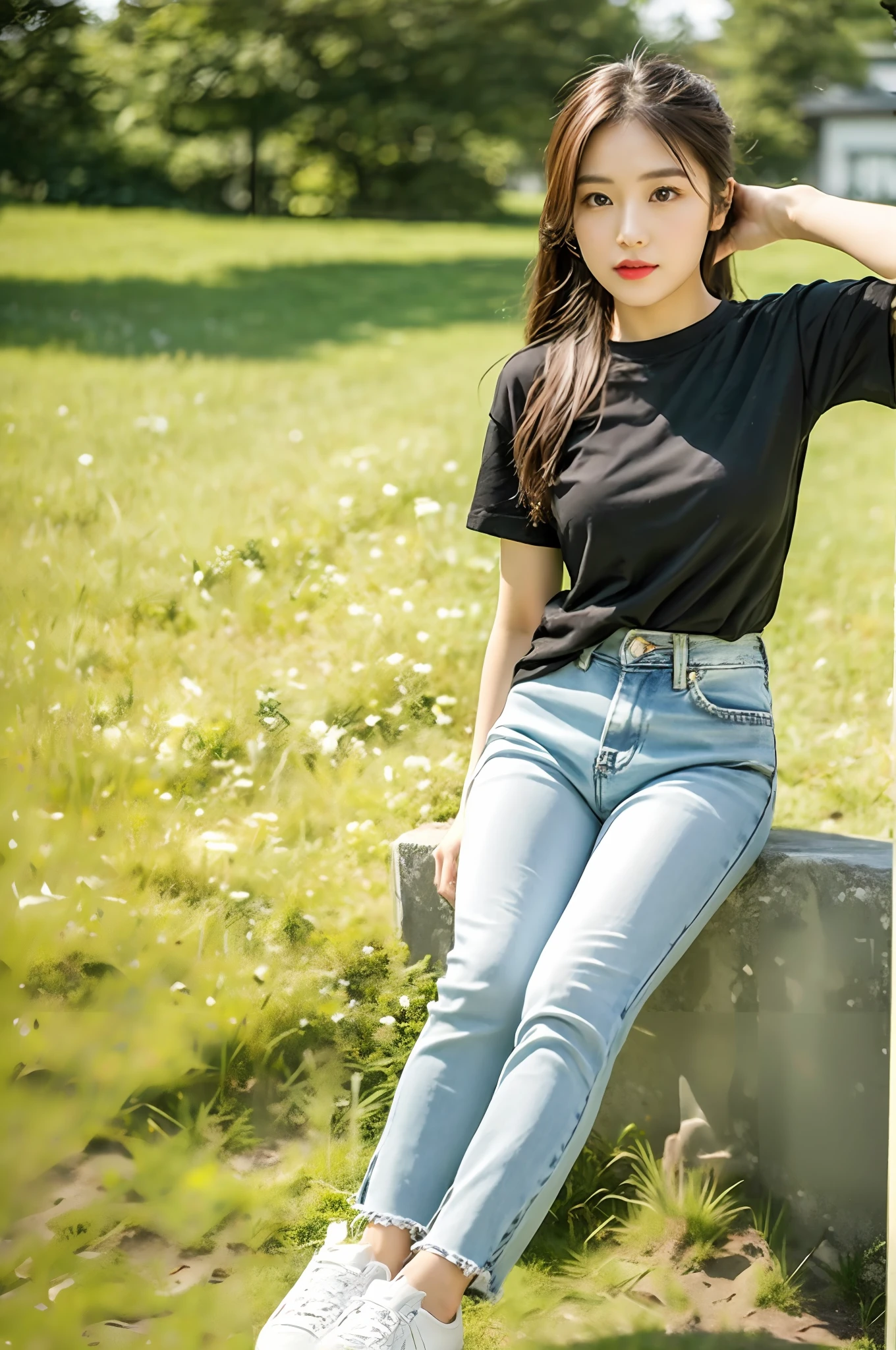 （best qualtiy：1.4），Complicated details，20 years old Korean girl，Wear a loose black T-shirt and skinny jeans，Stand on the grass and take pictures，Detailed meadow，Slim calves:1.2，Sweet and cute little face:1.2，Wear high-end branded white travel shoes:1.2，eventide，naturalshadow，taking a full body photo:1.5，