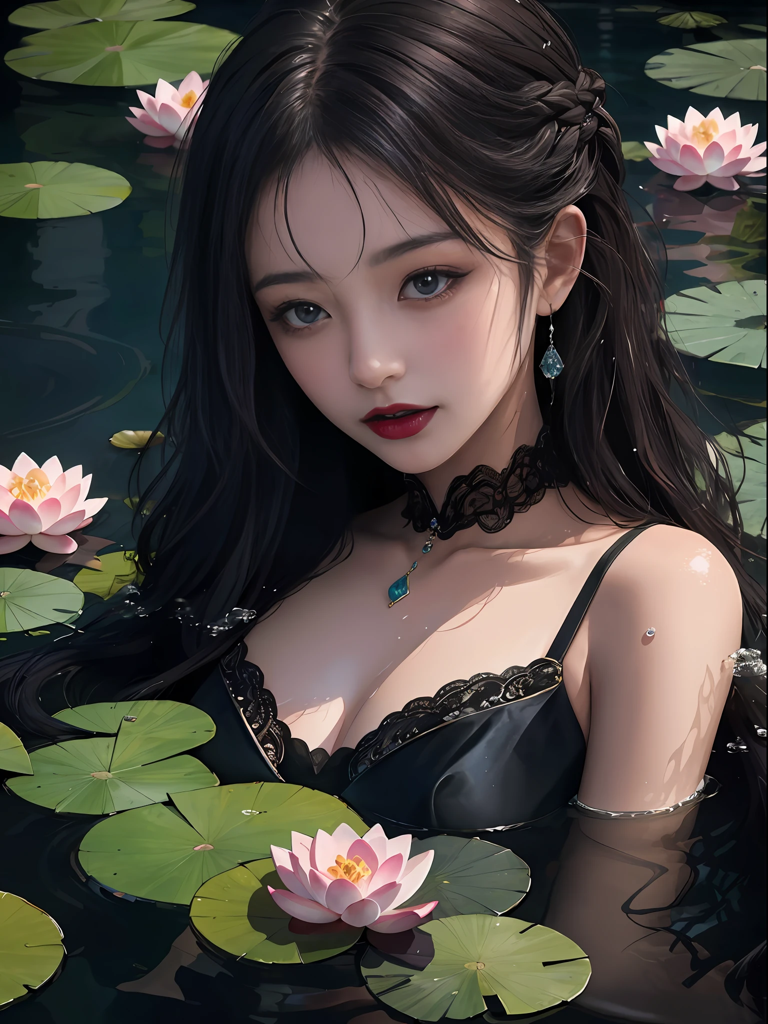 best qualtiy，8K，Best quality，(the detail:1.4), There was a woman floating in a pond，This is a close-up illustration created in the Guvez style，Depicting characters in the water。The characters have black wavy hairstyles and bangs，It was a beautiful young woman。Her skin shimmered with a pure white sheen。Close-up of characters in bodies of water，Works of art painted in the Guvez style，A faint smile and dark lipstick，Beautiful beautiful young woman，Wearing a black lace dress，Lotus blossoms，，highly detailed water colour 8k