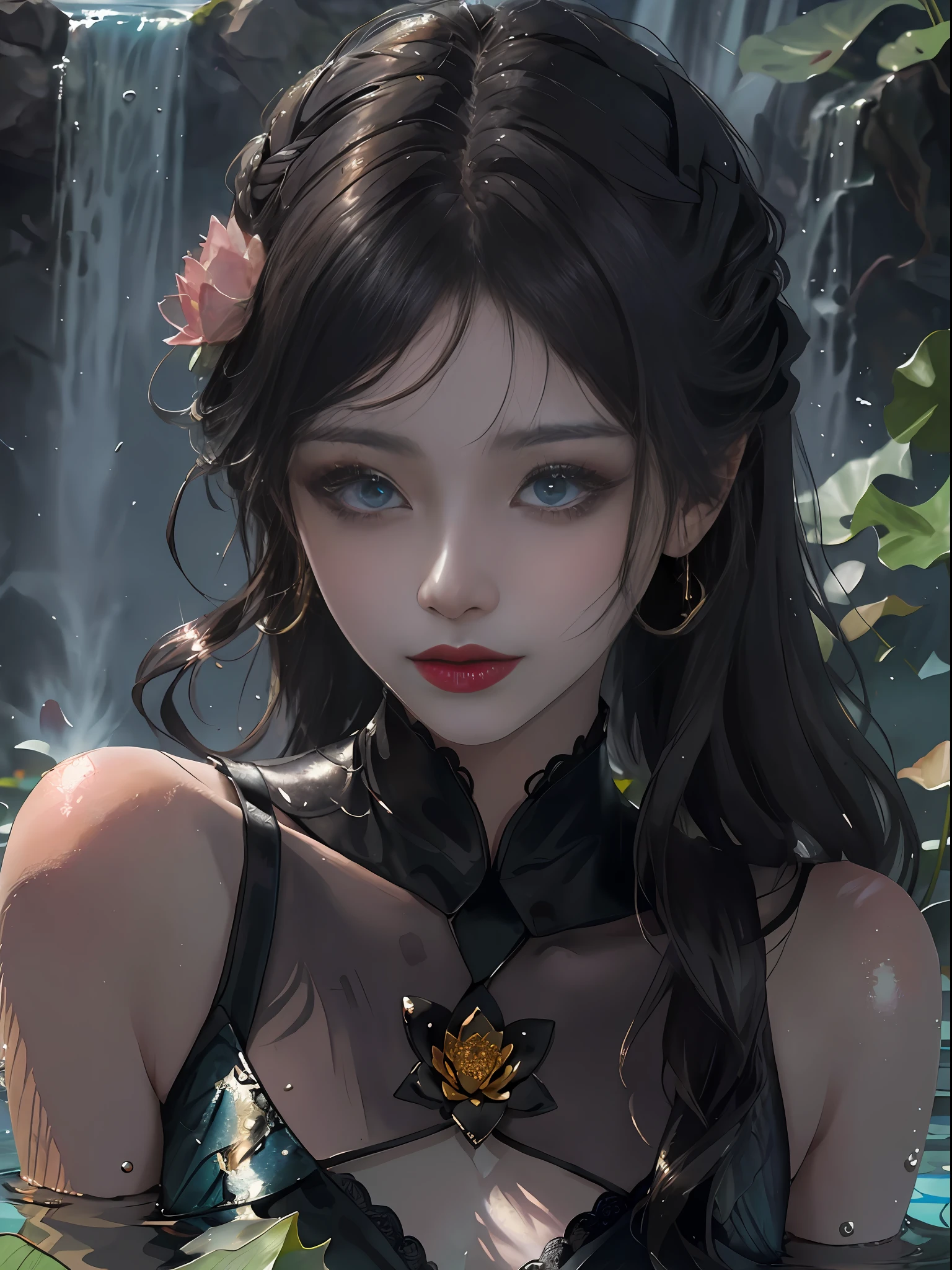 best qualtiy,8K,Best quality,(the detail:1.4), There was a woman floating in a pond,This is a close-up illustration created in the Guvez style,Depicting people in the water。The character has a black wavy hairstyle and bangs,It was a beautiful young woman。Her skin shimmered with a pure white sheen。Close-up of a character in a body of water,Works of art painted in the Guvez style,A faint smile and dark lipstick,Beautiful beautiful young woman,Wearing a black lace dress,Lotus blossoms,,Highly detailed watercolor 8K