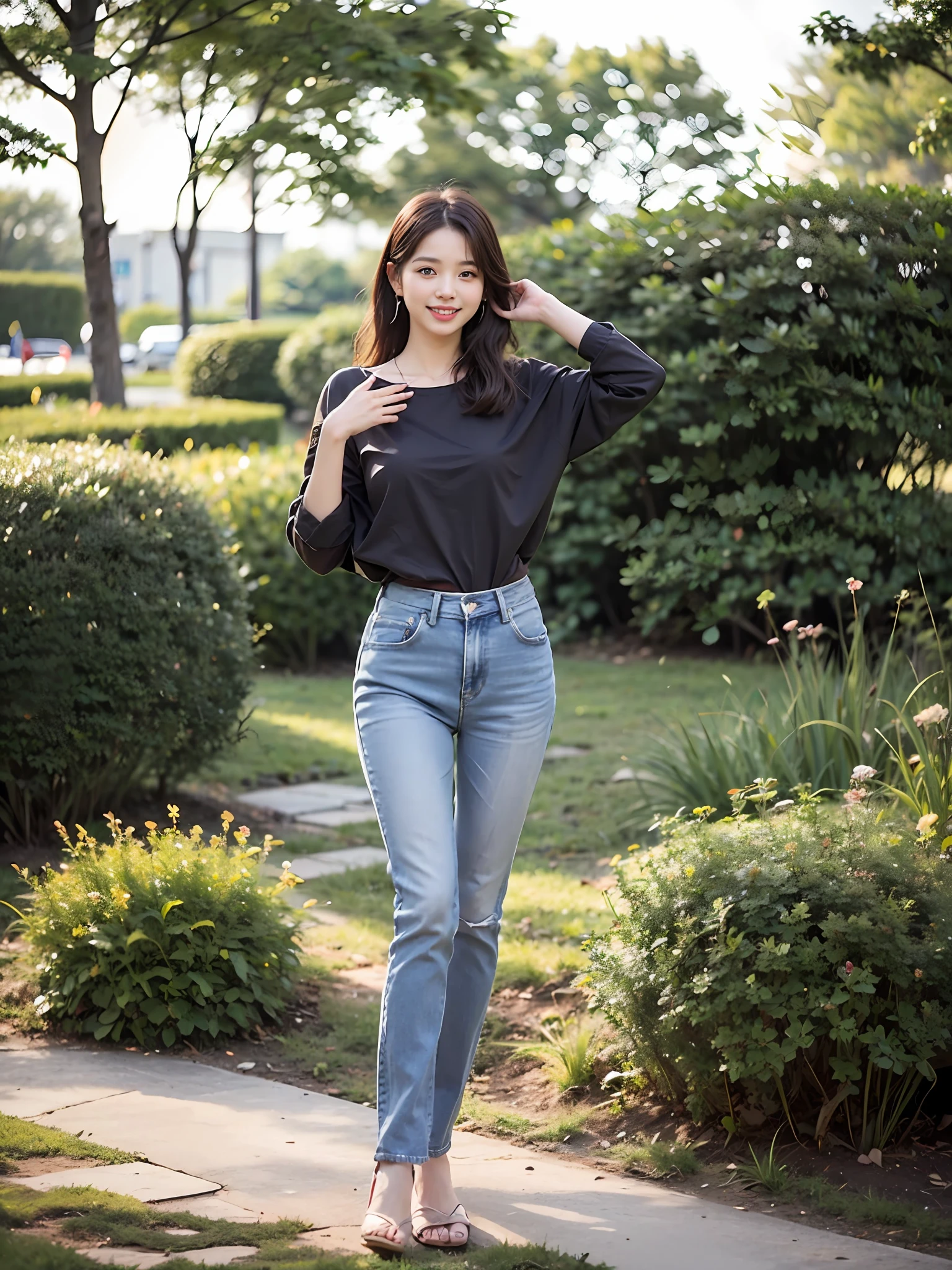 Araki woman in blue shirt and jeans standing in the field, korean women's fashion model, kawaii shirt and jeans, casual clothing style, lee ji eun, Lee Ji-eun, inspirado por Kim Jeong-hui, skinny waist and thick hips, casual modern clothing, full body cute young lady, standing in grassy field, modern casual clothing,A sweet smile,Coquettish pose,Raised sexy,adolable,eventide,naturalshadow