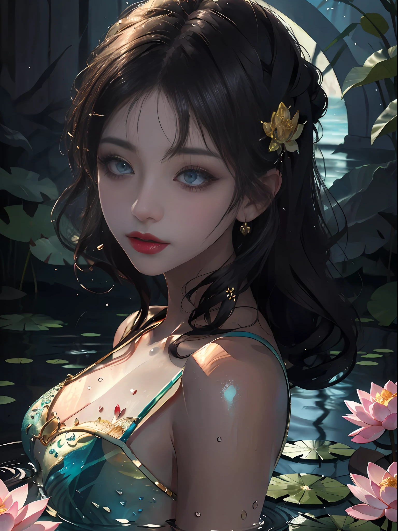 best qualtiy,8K,Best quality,(the detail:1.4), There was a woman floating in a pond,This is a close-up illustration created in the Guvez style,Depicting people in the water。The character has a black wavy hairstyle and bangs,It was a beautiful young woman。Her skin shimmered with a pure white sheen。Close-up of a character in a body of water,Works of art painted in the Guvez style,A faint smile and dark lipstick,Beautiful beautiful young woman,Wearing a black lace dress,Lotus blossoms,,Highly detailed watercolor 8K