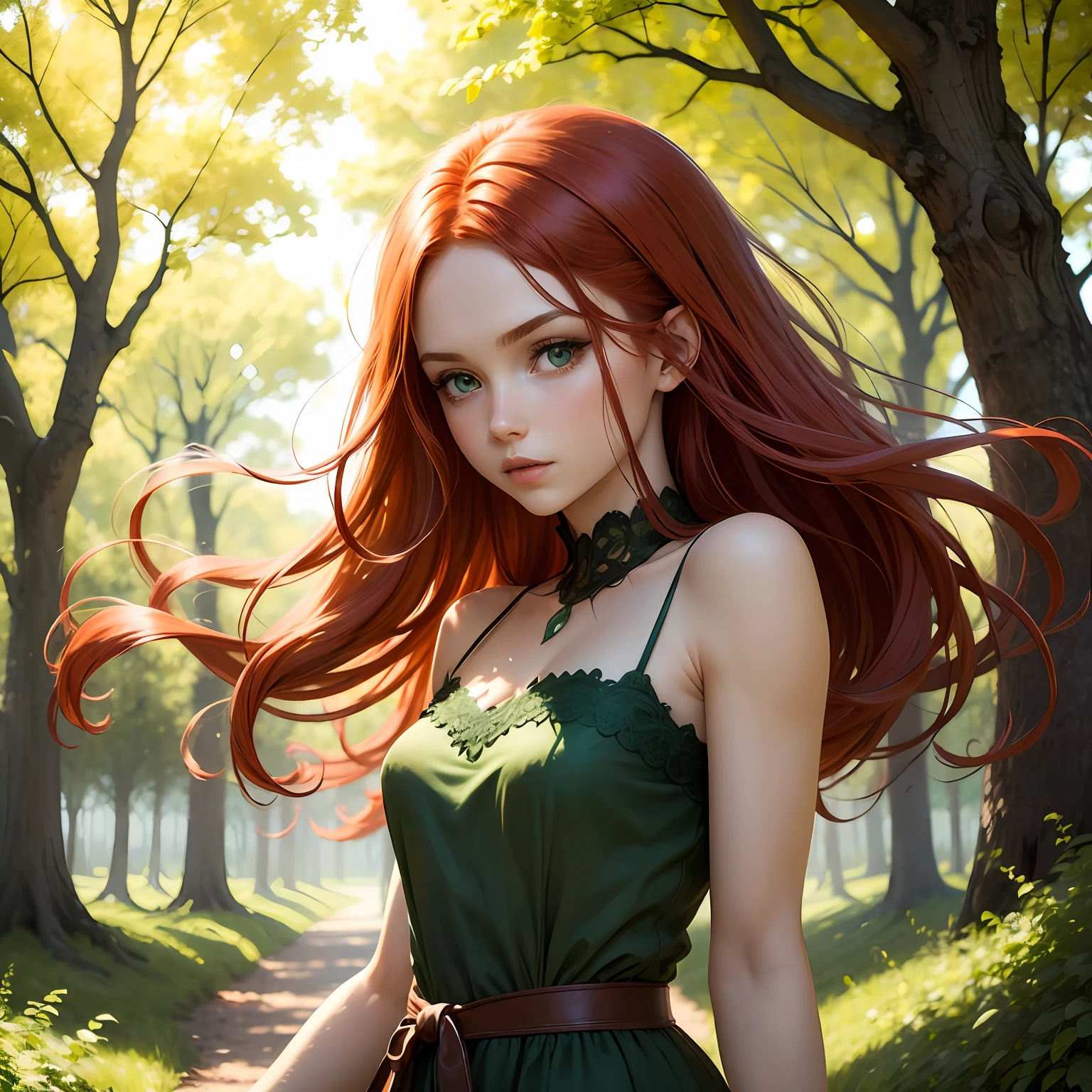 best qualtiy, tmasterpiece, Red hair, green-eyed,A girl, exteriors, The upper part of the body, Realistis, Floating hair, Detailed face,springtime,Green trees,Sunshine --auto