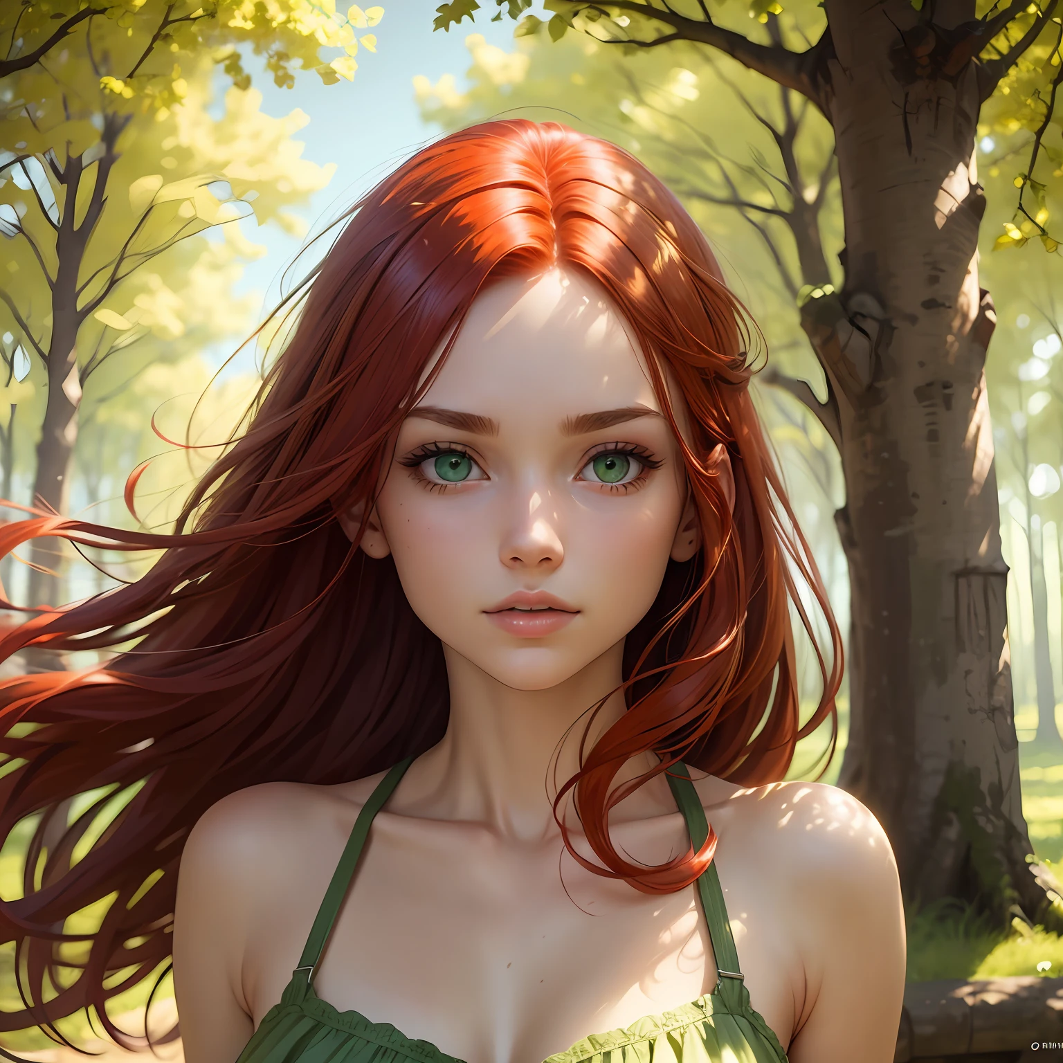 best qualtiy， tmasterpiece，Red hair，A girl， exteriors， The upper part of the body， Realistis，Floating hair, ,Detailed face,  Green trees, Sunshine