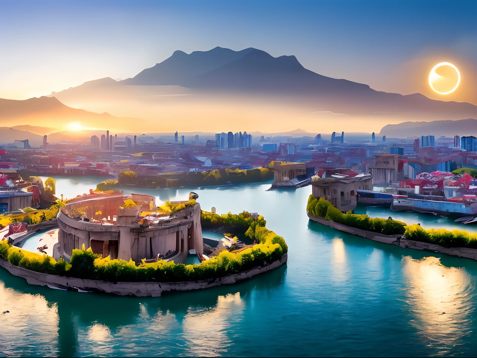 Best Quality, 8K, Masterpiece , extremely detailed CG unity 8k wallpaper, UHD, 16k , Hight detail , Photorealistic ,Illustration of a hyper realistic , fantacy world, otherworldly, A picturesque scene of Xi'an, with raindrops creating an artistically enchanting veil over the landscape. Mountains and rivers are akin to a beautiful painting, where a graceful boat sails through the pristine and crystal-clear river. Ancient ruins encircle the surroundings, evoking a sense of nostalgia for happiness and prosperity, Soft moonlight reflecting on the water, creating a dreamlike ambiance , Serene, harmonious, poetic, blissful, idyllic, enchanting, timeless