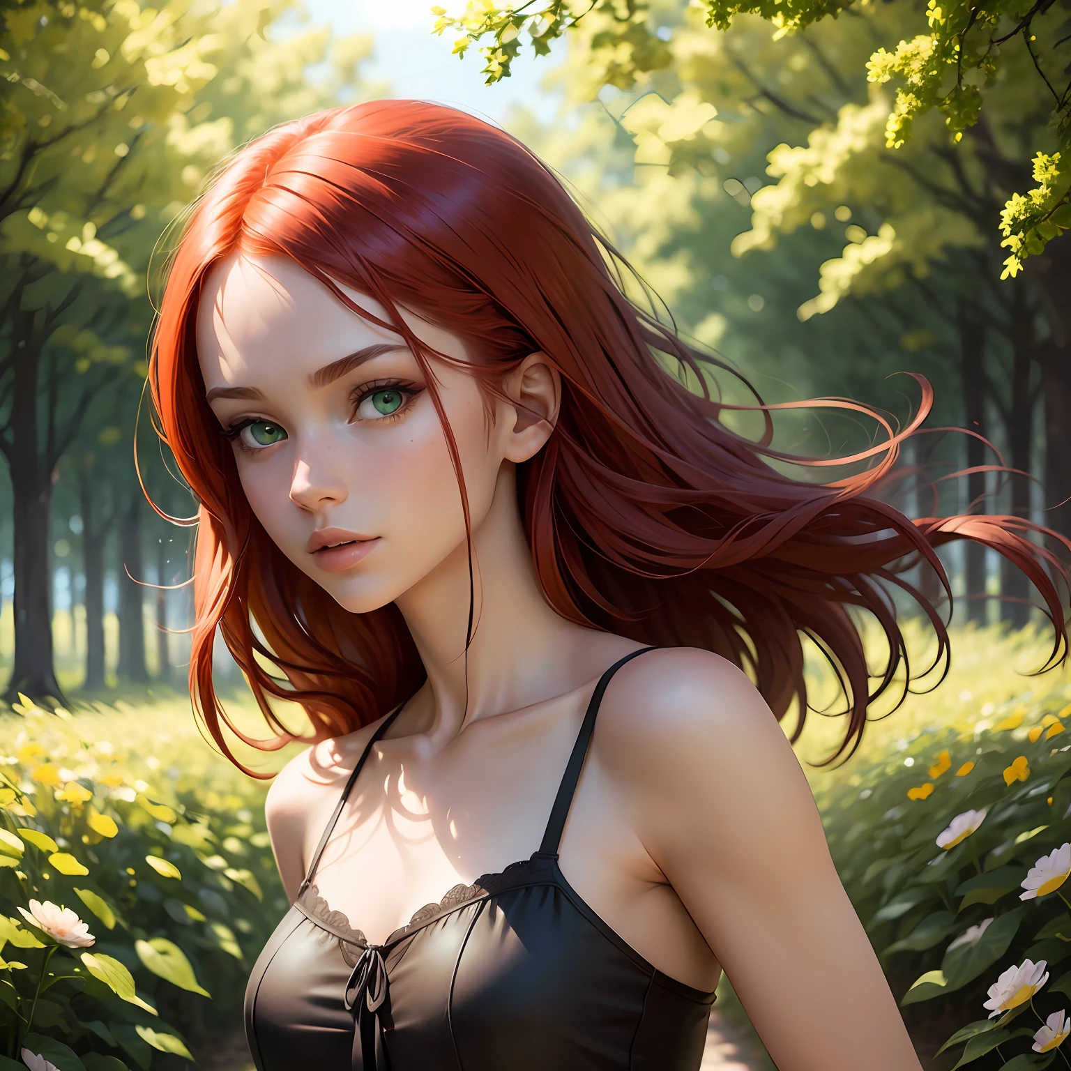 best qualtiy， tmasterpiece， Red hair， green-eyed，A girl， exteriors， The upper part of the body， Realistis， Floating hair， Detailed face，springtime，Green trees，Sunshine --auto