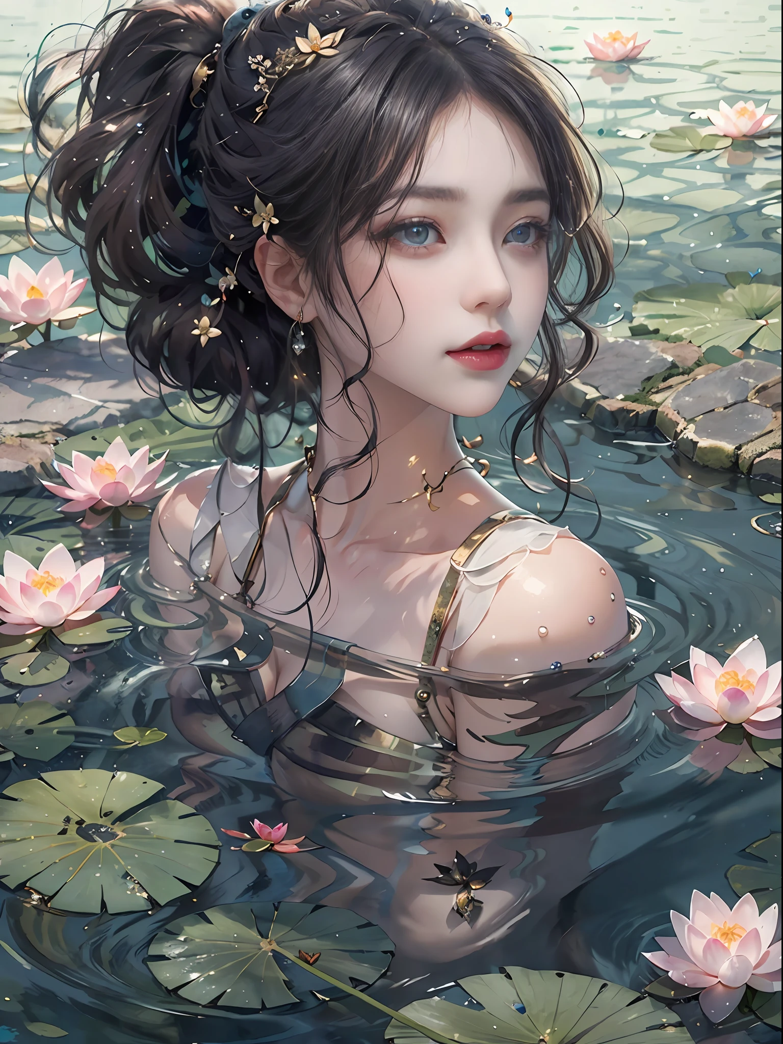 best qualtiy，8K，Best quality，(the detail:1.4), There was a woman floating in a pond，This is a close-up illustration created in the Guvez style，Depicting people in the water。The character has a black wavy hairstyle and bangs，It was a beautiful young woman。Her skin shimmered with a pure white sheen。Close-up of a character in a body of water，Works of art painted in the Guvez style，A faint smile and dark lipstick，Beautiful beautiful young woman，Wearing a black lace dress，Lotus blossoms，，Highly detailed watercolor 8K