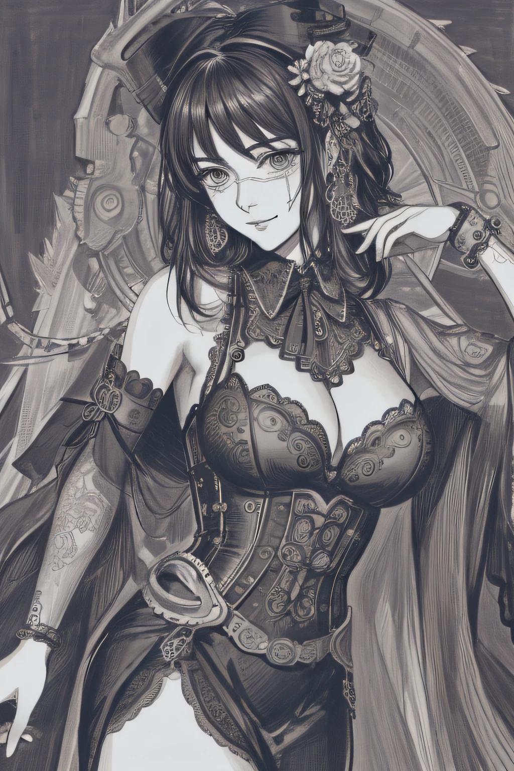 A captivating greyscale pencil drawing capturing the elegant Kobeni from the manga series Chainsaw Man, depicted in a detailed portrait that extends till her torso. Kobeni is portrayed wearing a mesmerizing steampunk-inspired dress, adorned with intricate gears, chains, and ornate lace. The sketch showcases the fine details of her dress and the meticulous shading that brings depth to her form. The drawing is rendered in 4K HDR, allowing for stunning visual clarity and contrast. The background is kept minimal to accentuate Kobeni's captivating presence and the intricate steampunk aesthetics of her attire. Style: Detailed pencil drawing with a focus on precise linework, shading, and texture, capturing the essence of Kobeni's steampunk dress. Execution: Created using high-quality pencils on fine-grained paper, employing various shading techniques to achieve a lifelike portrayal with rich details and textures. --ar 1:1 --v 5