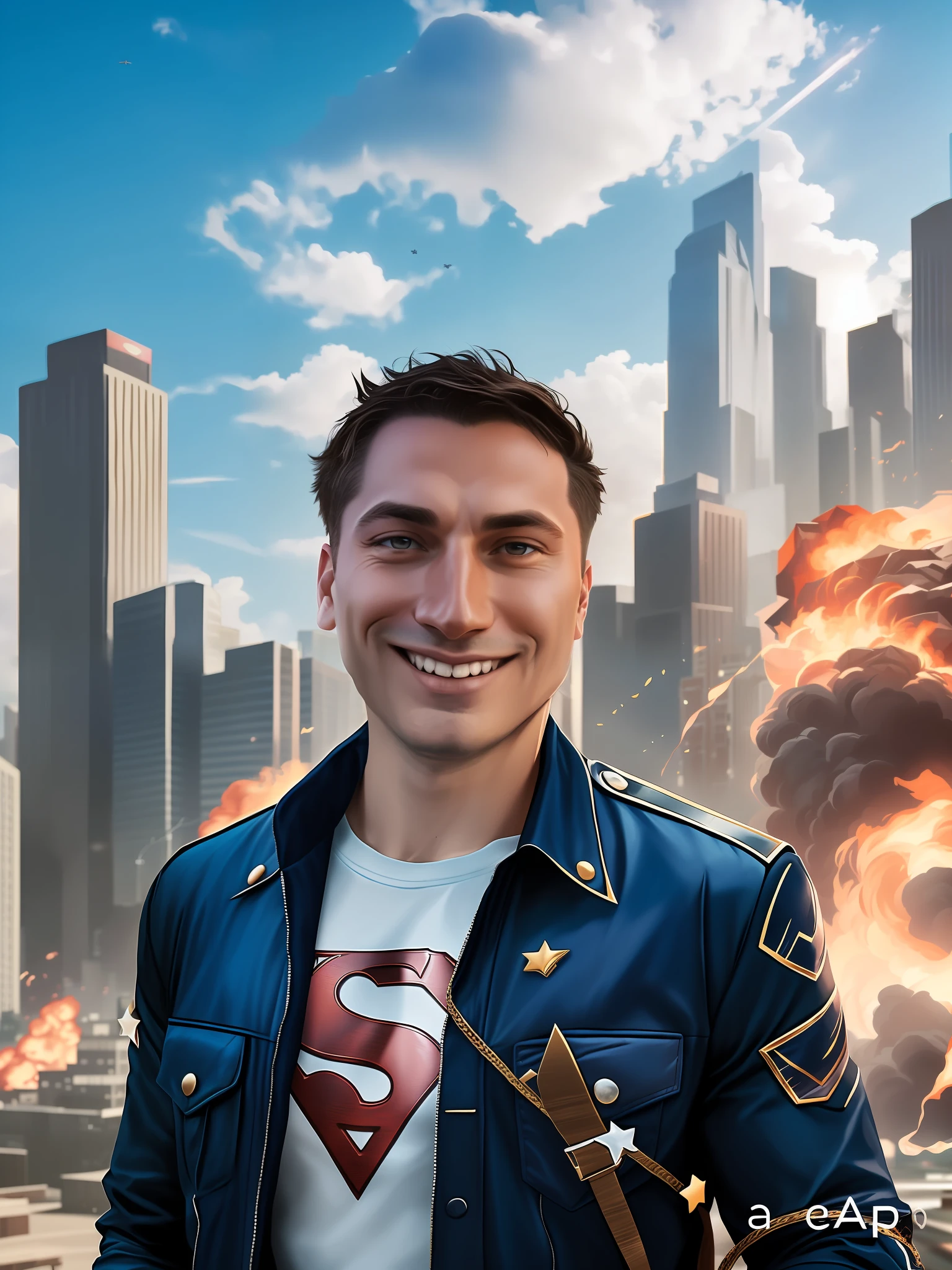 There's a man in a Superman T-shirt, Standing in front of the city, twitch streamer / gamer ludwig, Damian Kritsvonos, Portrait of a superhero, Harry Nukem, Epic portrait game, matte painting portrait shot, wojtek fus, based on Lukas Forstermann, inspired by Josh Bayer, headshot profile picture, High Quality Portrait