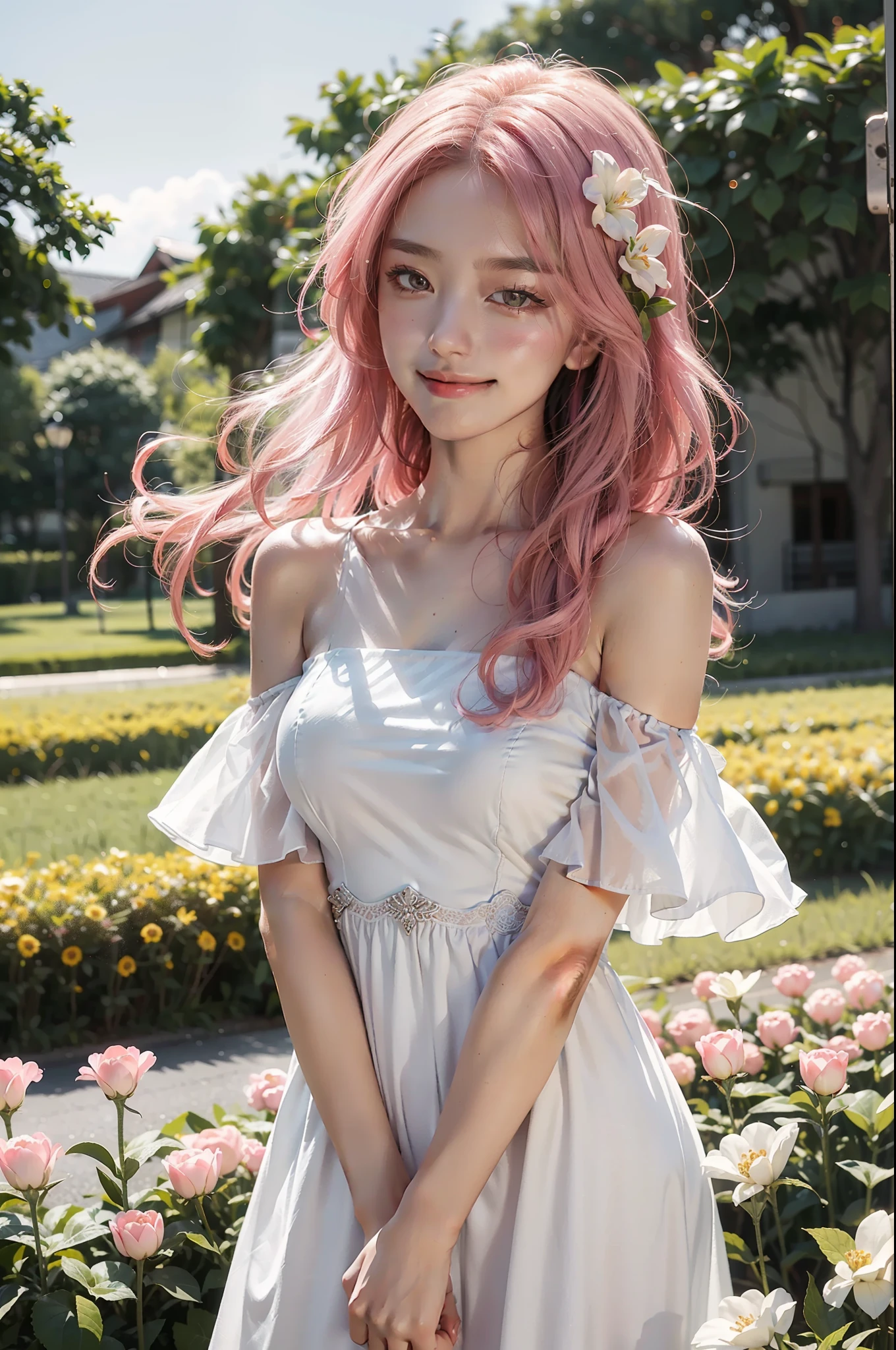 best qualtiy,tmasterpiece,超高分辨率,(真实感:1.4),RAW photogr,one-girl,white dresses,cropped shoulders,blooming flower field,Glowing skin,Light smile,Long pink hair,Side Body