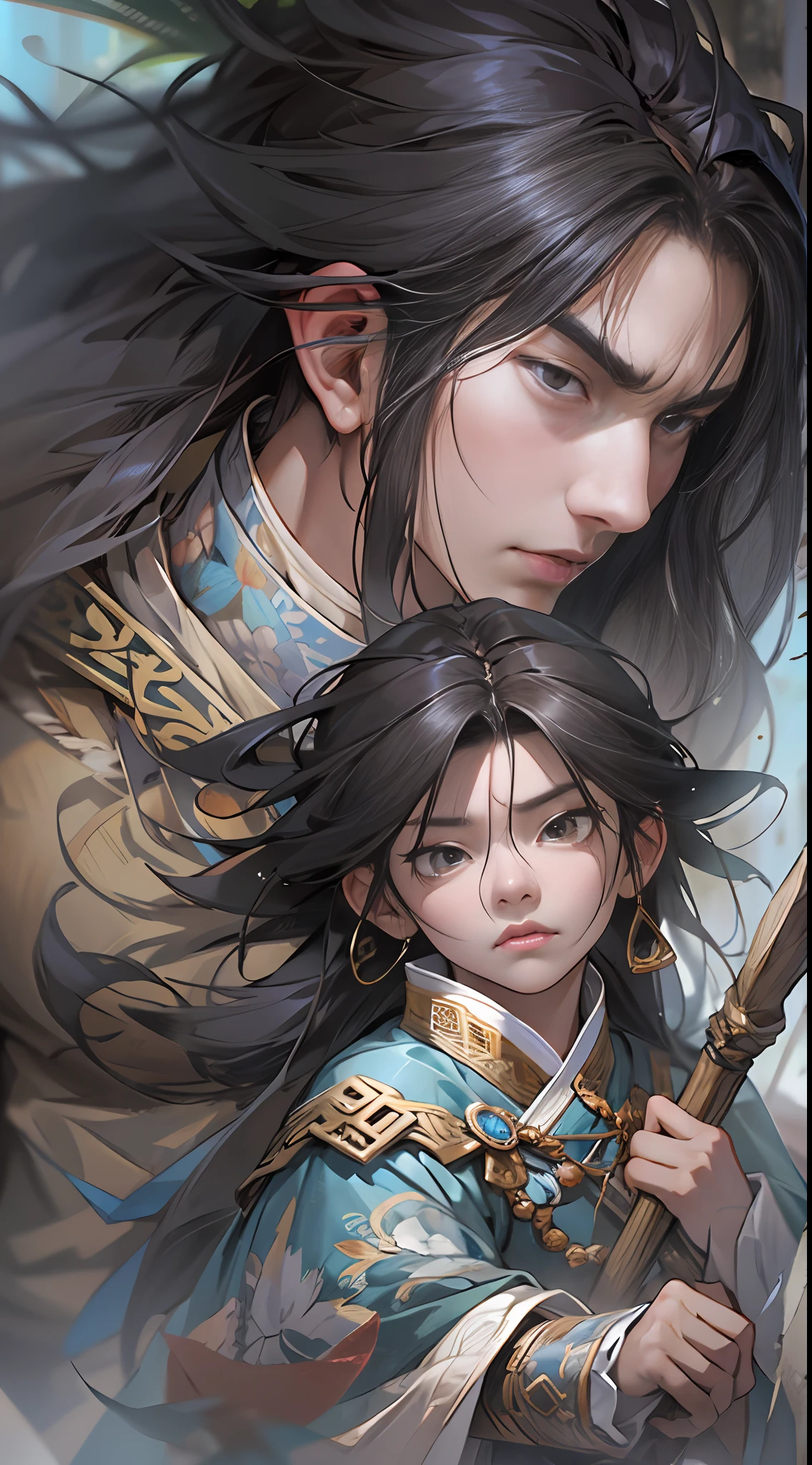 Li Gu quickly retreats and protects Li Xiao Xiao and Li Xin, who are next to the puppet, with all his strength. They all have worried and anxious expressions, surrounded by a dangerous aura, , 32k, best quality, masterpiece, super detail, high details,