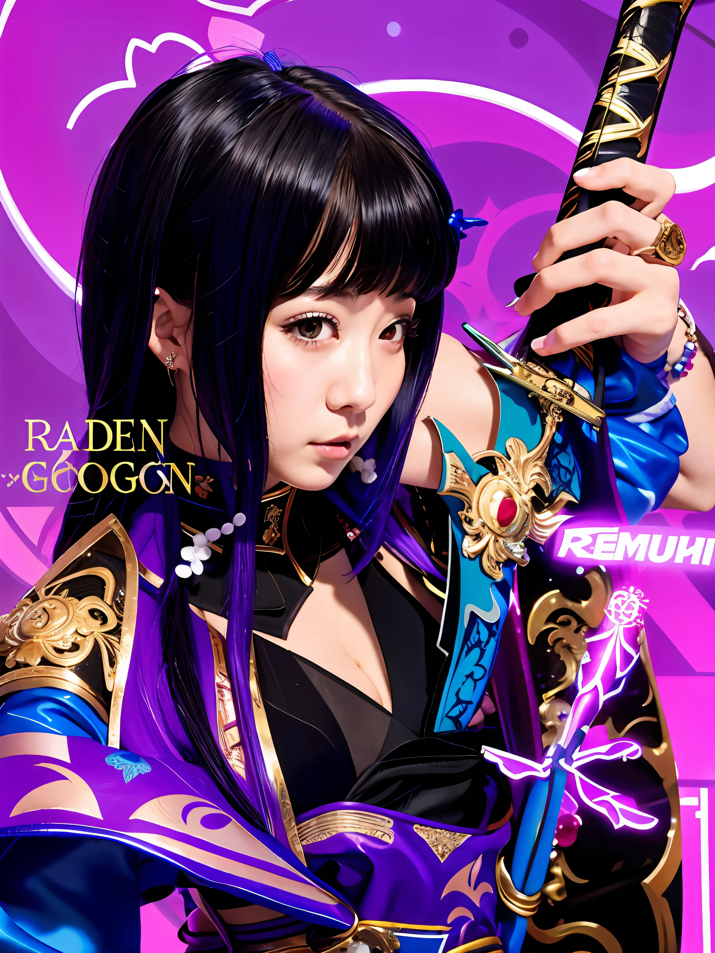 8K, raw ,blue hairs, Close-up of a woman holding a sword and a purple dress, Keqing from Genshin Impact, zhongli from genshin impact, Ayaka Genshin impact, ayaka game genshin impact, Anime cosplay, Anime girl cosplay, kasumi arimura style 3/4, Masayoshi Suto and artgerm, cosplay, sakimichan