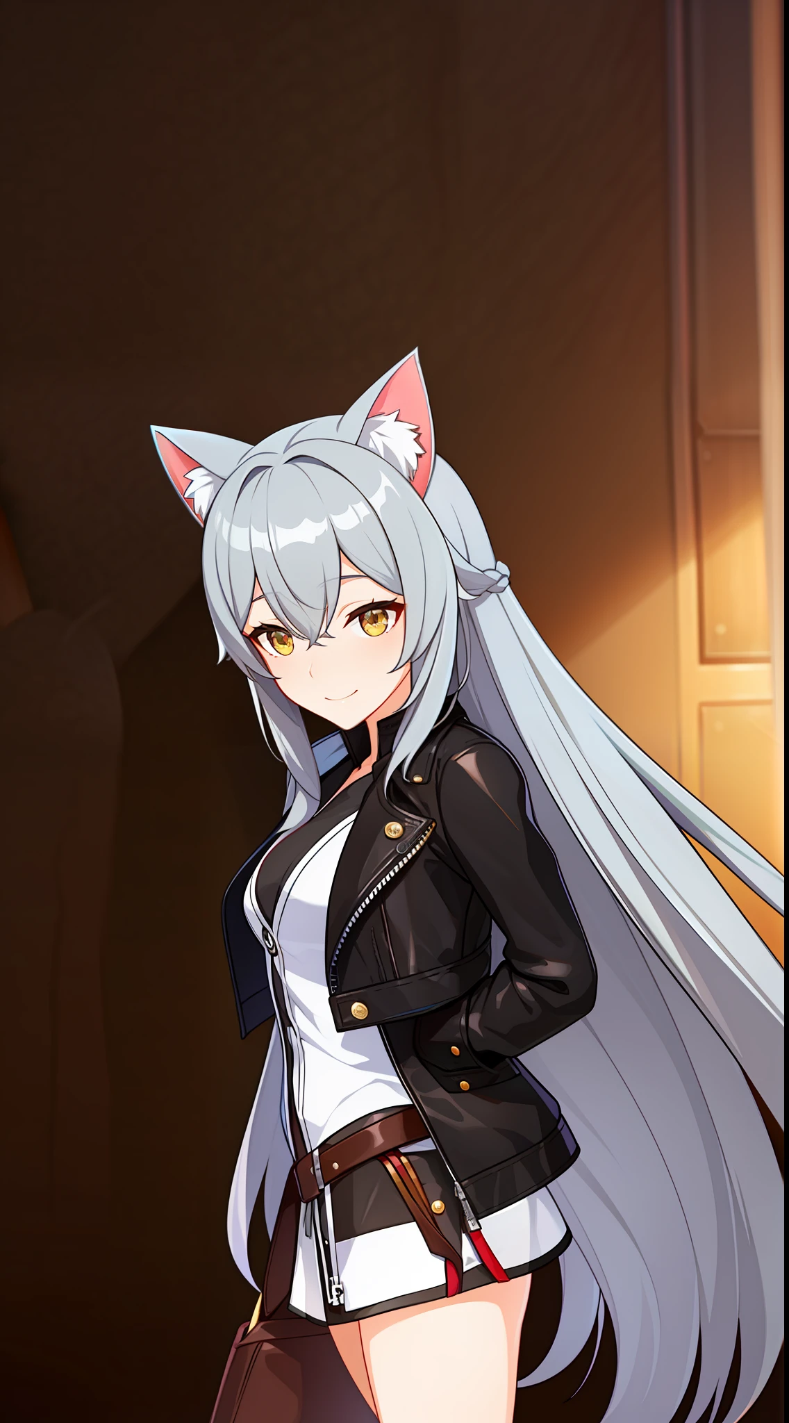 Adult woman, long gray hair, Cat's ears, golden eyes, leather jacket, ssmile, Masterpiece, hiquality
