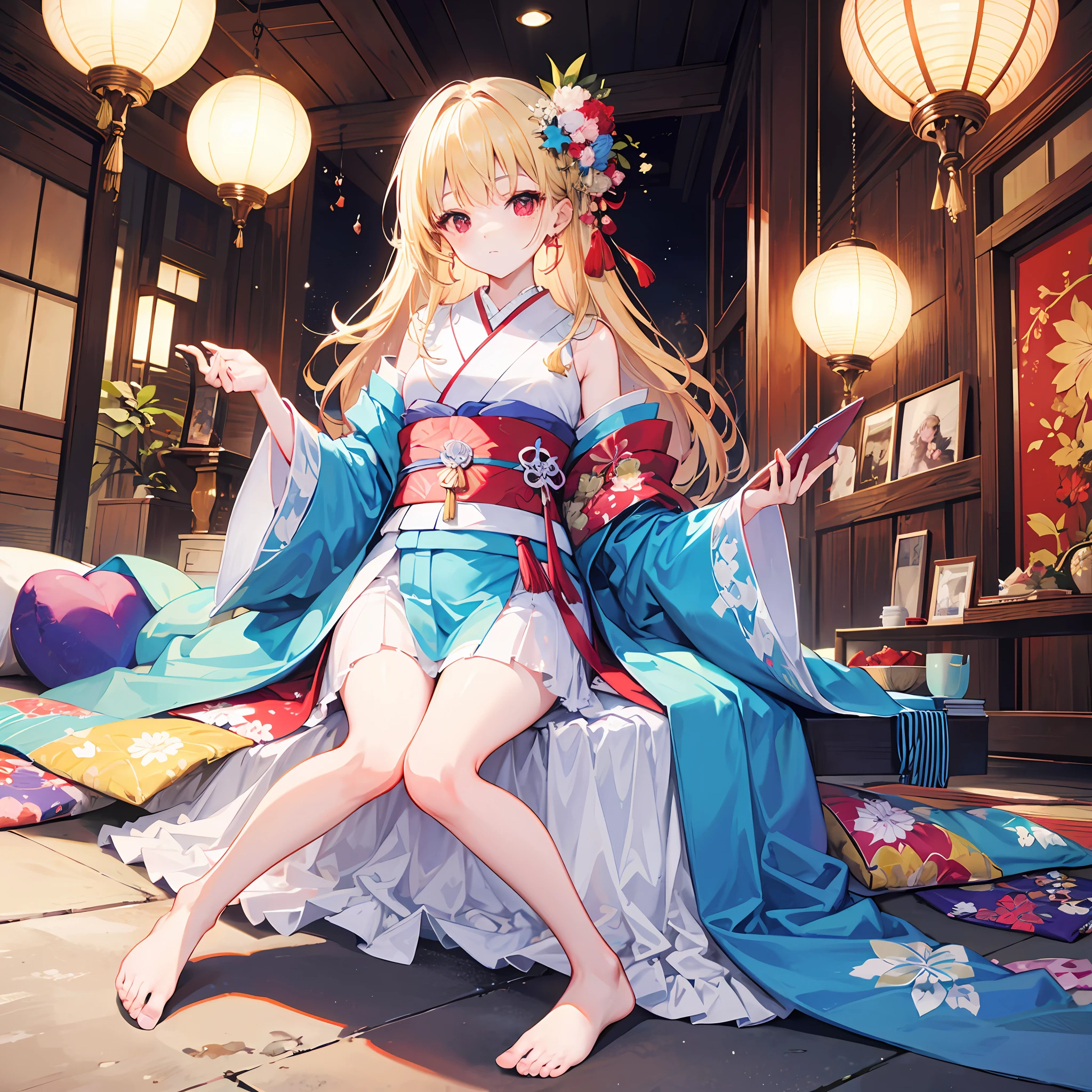 One blonde girl、red eyes、Light blue kimono、Beautiful feet