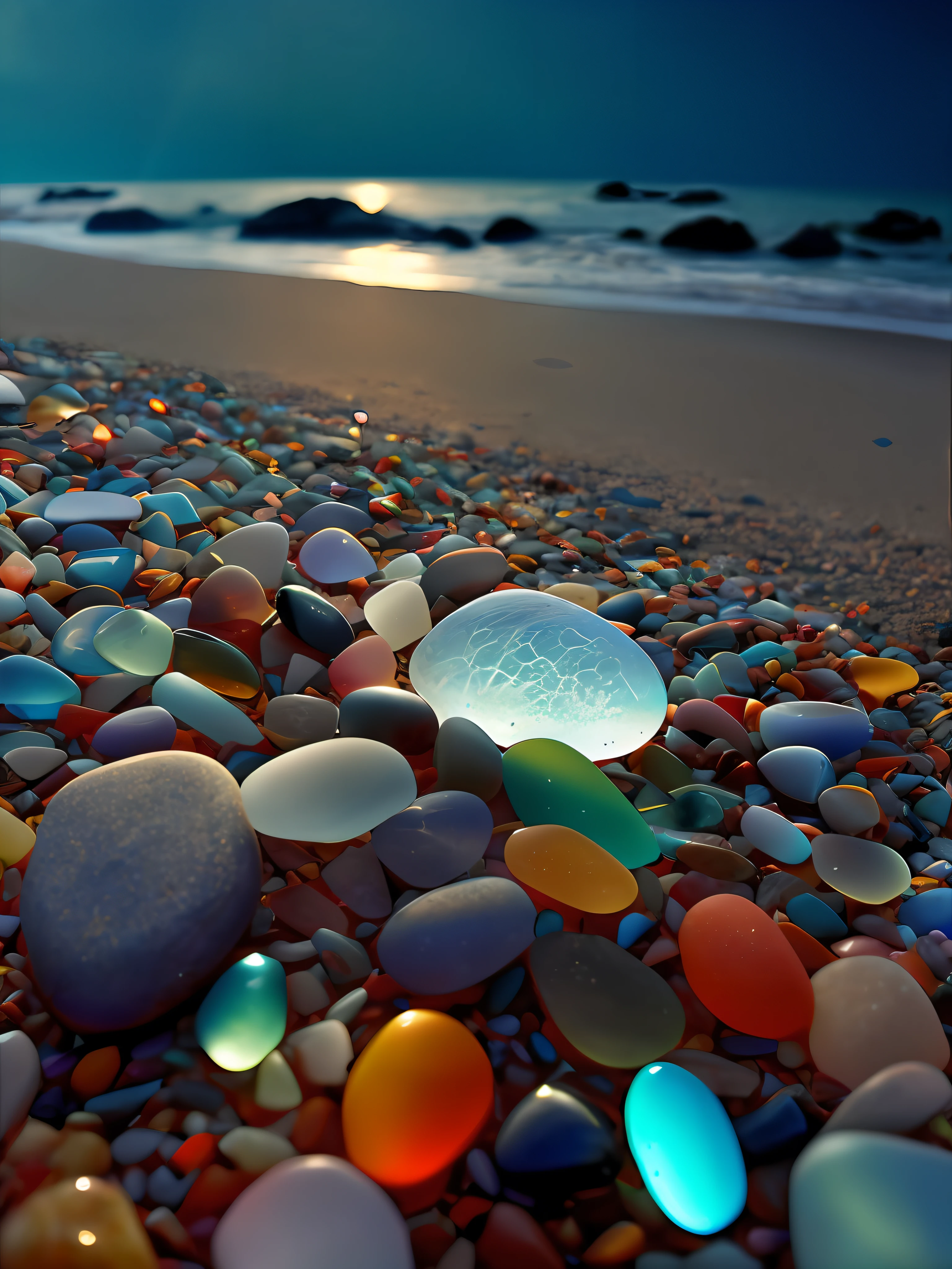 Alaf image of a beach with lots of stones and pebbles, Sea glass, Magical beach, cobblestones, multicolored glints, Rocks), startling colors, Beautiful colors, breathtaking colors, Multi-color flash, amazing color photograph, beautiful colorful, Pedras preciosas, Ocean specularism, Seafront, dew, pumice, Stones, Beautiful!!!!!!!!!!!! --auto