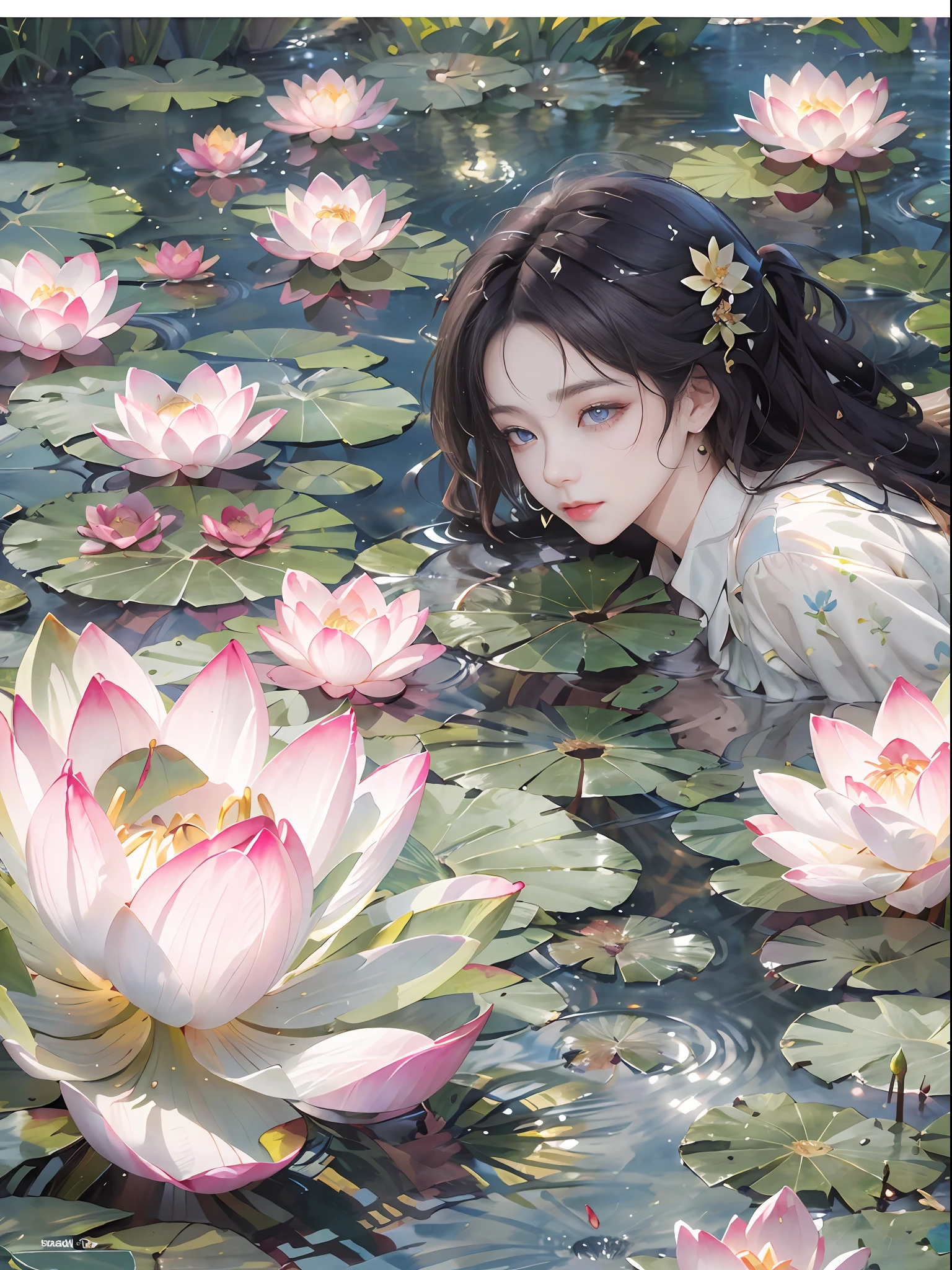 best qualtiy,8K,Best quality,(the detail:1.4), There was a woman floating in a pond,This is a close-up illustration created in the Guvez style,Depicting people in the water。The character has a black wavy hairstyle and bangs,It was a beautiful young woman。Her skin shimmered with a pure white sheen。Close-up of characters in bodies of water,Works of art painted in the Guvez style,A faint smile and dark lipstick,Beautiful beautiful young woman,Lotus blossoms,,Highly detailed watercolor 8K