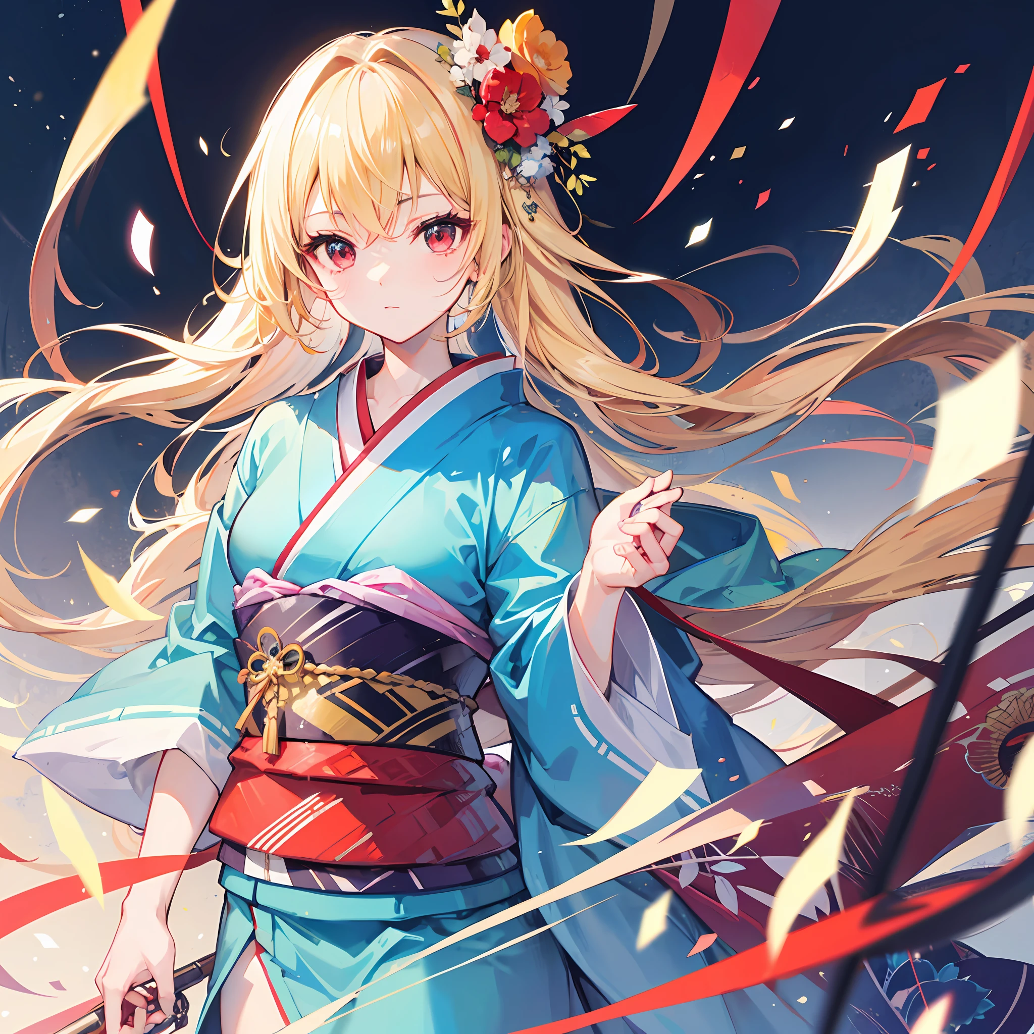 One blonde girl、red eyes、Light blue kimono