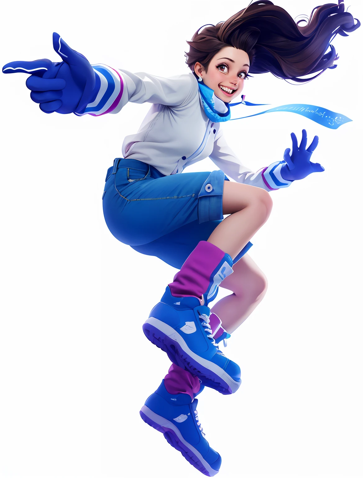 Jumping young woman，brown  hair，High- sharpness，HighestQuali，illustration，blue trouser，Emoji smile，No gloves，C4D，oc rendered