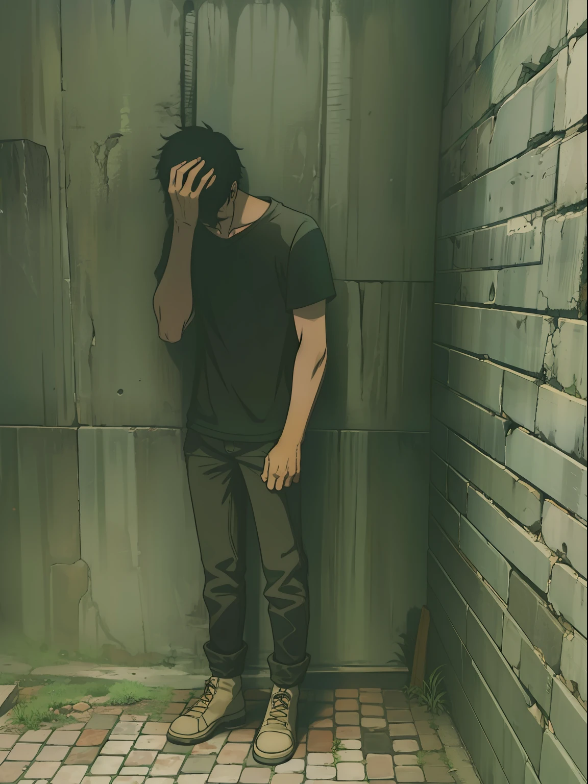 depression young man standing front of wall with head down