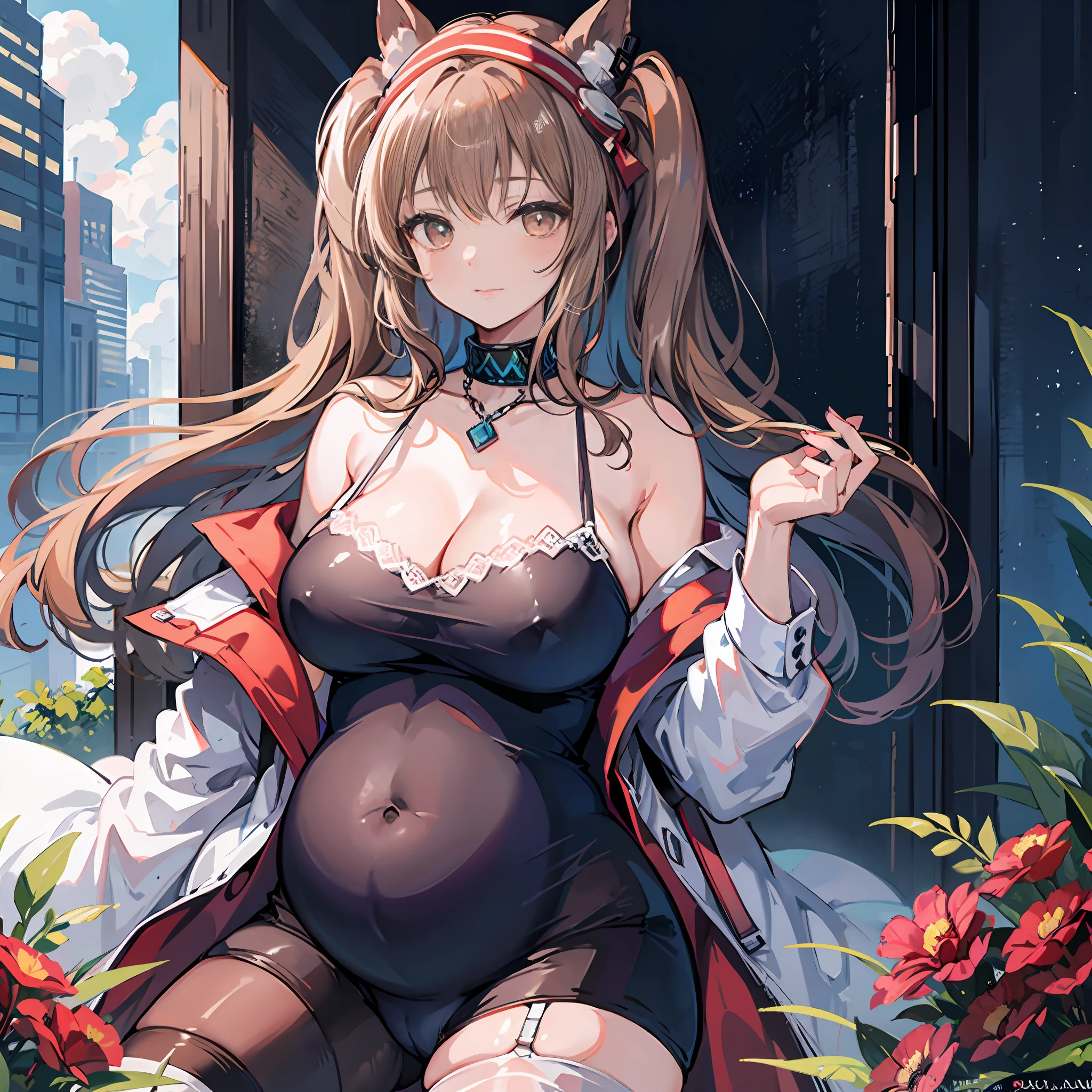 tmasterpiece, Best quality, (Detailed eyes and skin), ((Realistic)), Mirror flow, 1girll, The blonde_Hair, Yellow_clothes, black_clothes, Blue_Eyes, Blue_sky, bblurry, bblurry_Background, bblurry_foreground, (modern_City:1.5), mediating_Breasts, Exercise_bblurry,photore_\(curly\),long whitr hair,Skysky,独奏,Upper body body,Pregnant belly,Beth,Showing the belly,youthfulenergy,18-year-old girl,adolable,Two-dimensional painting style,Pregnant women with,Best quality, 8K, High quality,, hair adornments, cone hair bun, Long hair, double bun hair, bangs, bow, maid headdress, upper legs, Stockings, white thighhighs, cleavage cutout, Face focus, Close up, (Heart-shaped pupils:0.9), (Blush:0.65), (1girll, Solo:1.4), Cityscape, Blue sky, Bright sky, Sunny, holding flower, Large breasts, Detailed background, Detailed clouds,Pregnant belly,Two-dimensional painting style,(Masterpiece), Best quality, Fine details, Highest picture quality, Masterpiece,exquisite CG,1girll,Closed mouth,Brown eyes,Long hair,bangs,Bare shoulders, cleavage,(Big breasts:1.4),Bare arms,Pink bikini,navel,Lace,a garter belt,Thighs,,White pantyhose,water,hyper pregnant,Girl,SushangV4,Yae,SideBraid,