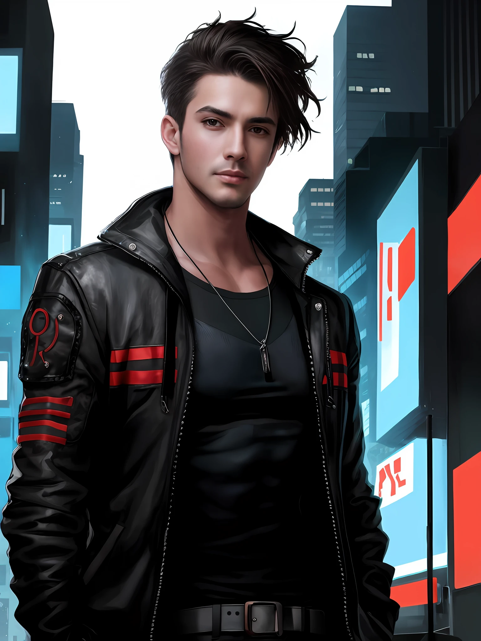 Change background cyberpunk handsome boy with realistic fack ,8k, ultra realistic