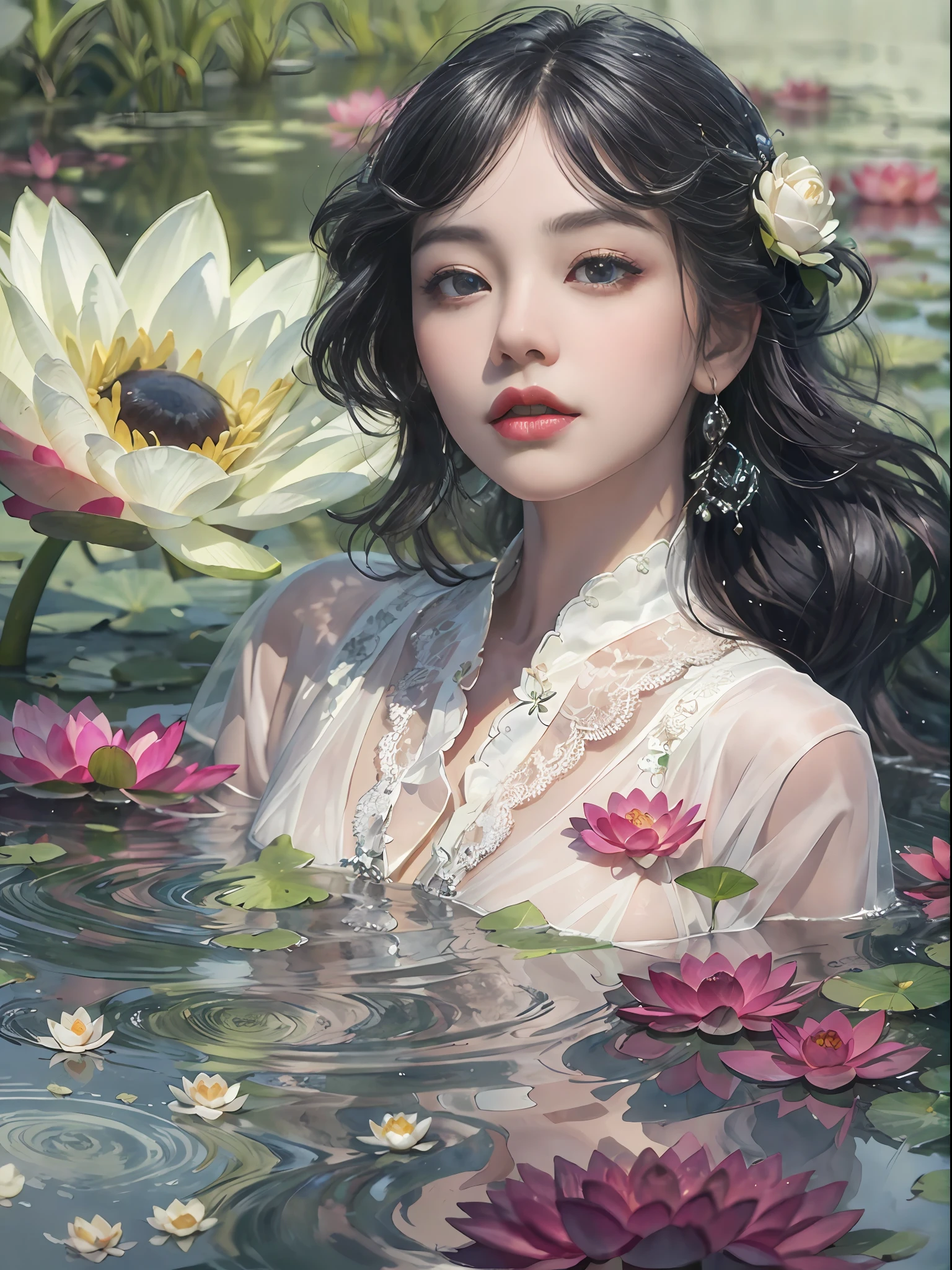 best qualtiy,8K,Best quality,(the detail:1.4), There was a woman floating in a pond,This is a close-up illustration created in the Guvez style,Depicting people in the water。The character has a black wavy hairstyle and bangs,It was a beautiful young woman。Her skin shimmered with a pure white sheen。Close-up of characters in bodies of water,Works of art painted in the Guvez style,A faint smile and dark lipstick,Beautiful beautiful young woman,Wearing a black lace dress,Lotus blossoms,,Highly detailed watercolor 8K