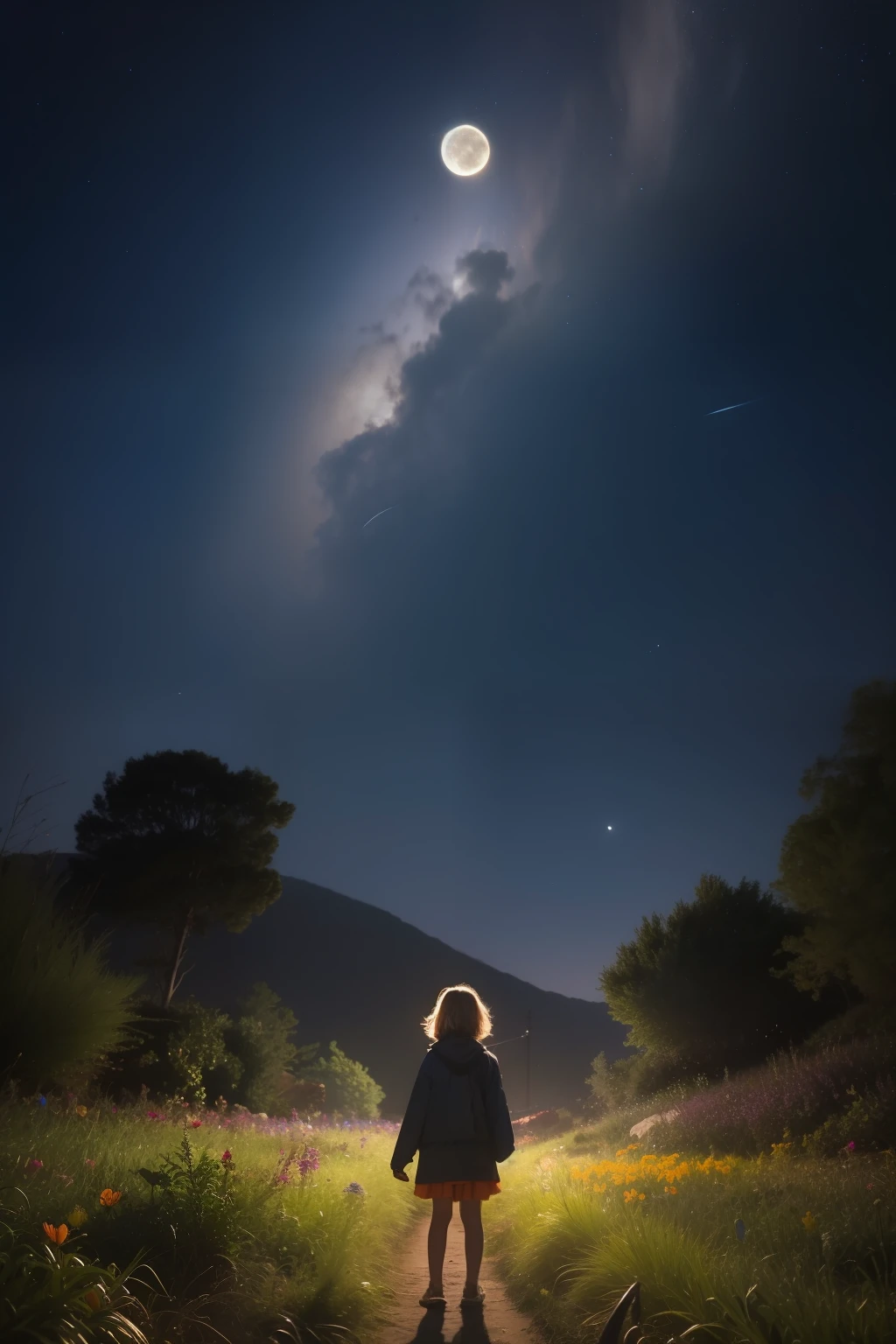 Expansive landscape photograph, (view from below with a view of the sky and wilderness below), little girl standing in a flower field looking up, (full moon: 1.2), (shooting star: 0.9), (nebula: 1.3), distant mountain, tree break production art, (warm light source: 1.2), (firefly: 1.2), lamp, purple and orange, intricate detail, volume lighting, realism break (masterpiece: 1.2) (Best Quality), 4K, Ultra-Detailed, (Dynamic Configuration: 1.4), Highly Detailed and Colorful Details, (Iridescent Colors: 1.2), (Glowing Lighting, Atmospheric Lighting), Dreamy, Magical, (Solo: 1.2)