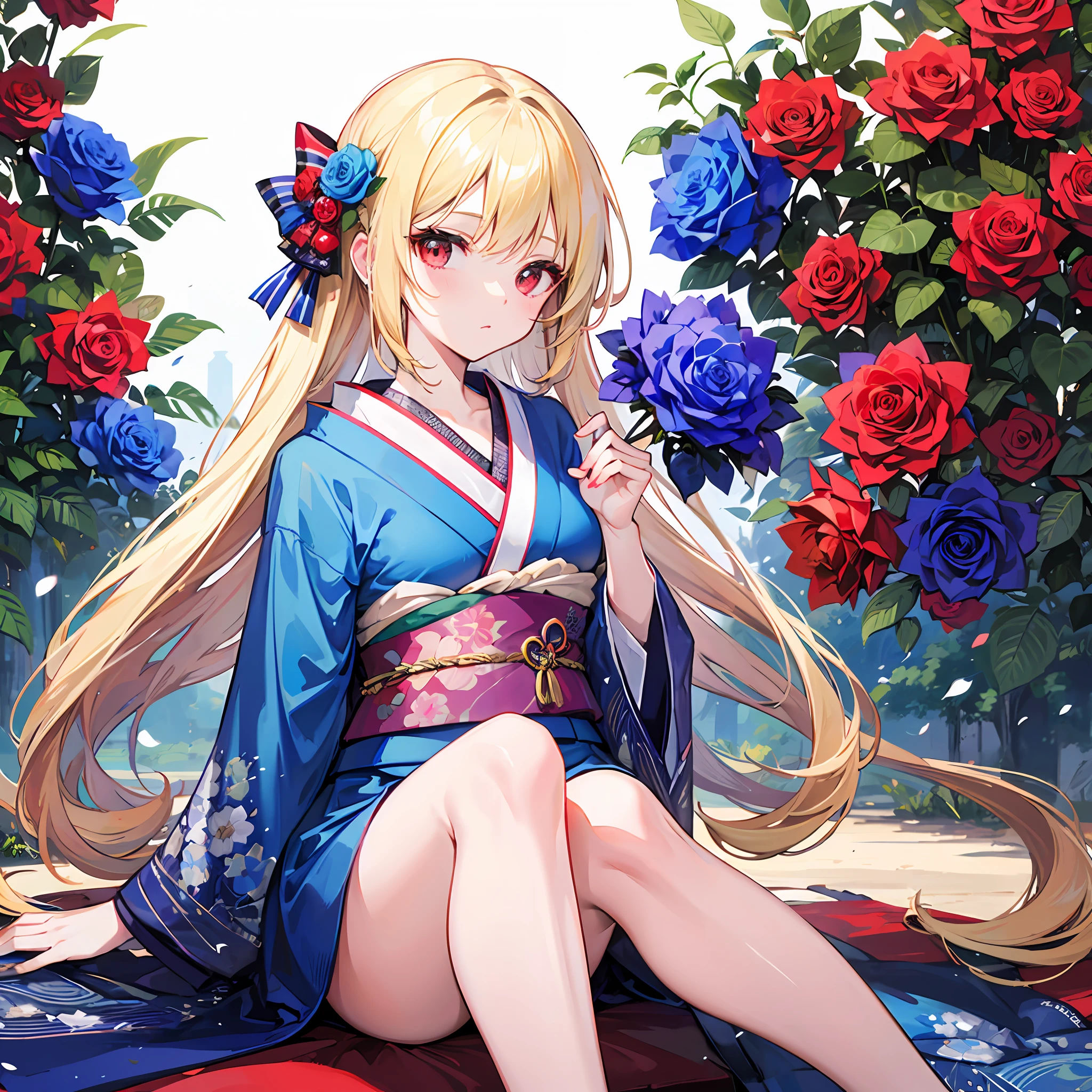 One blonde girl、red eyes、Blue kimono、Blue Rose Field