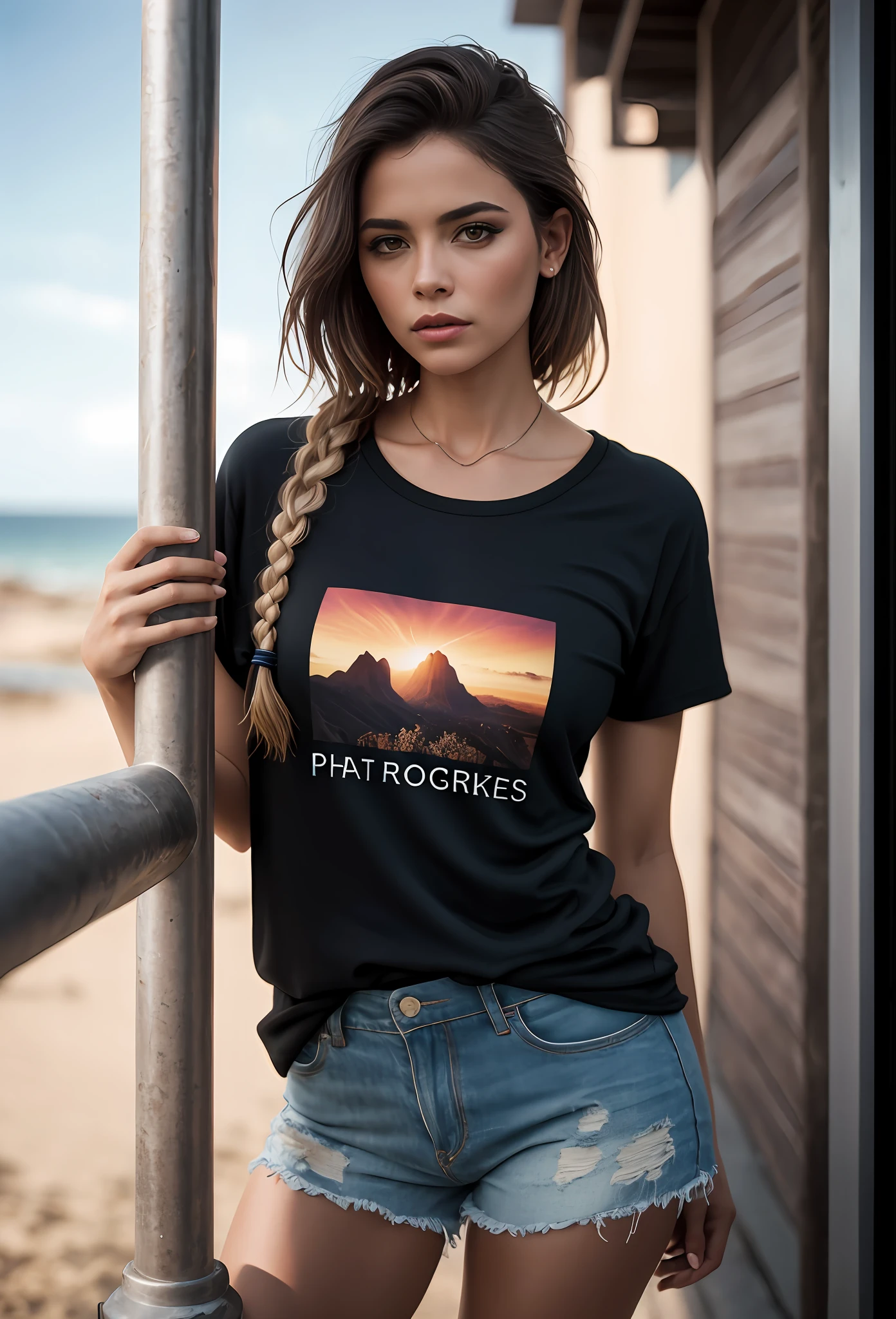 ((linda mulher de pele clara)), (cabelo (((liso))) stuck in the braid), ((magro, pequeno)), em traje basico ((camiseta inteira lisa)), (shorts apertado), (coxas a mostra), fotografiarrealista, fotografia, obra-prima, realista, Realismo, renderizado, Alto contraste, digital art photographyrealistic trend in Artstation 8k HD high definition detailed realistic, detalhado, textura da pele, hiper detalhado, Textura realista da pele, armadura, melhor qualidade, ultra high-resolution, (fotografiarrealista: 1.4), alta resolução, detalhado, fotografia crua, sharp re, by Lee Jeffries Nikon D850 Film Stock Photography 4 Kodak Portra 400 Camera Lens F1.6 rich colors realistic texture hyper realistic dramatic lighting unrealengine trending on artstation cinestill 800, .....RAW