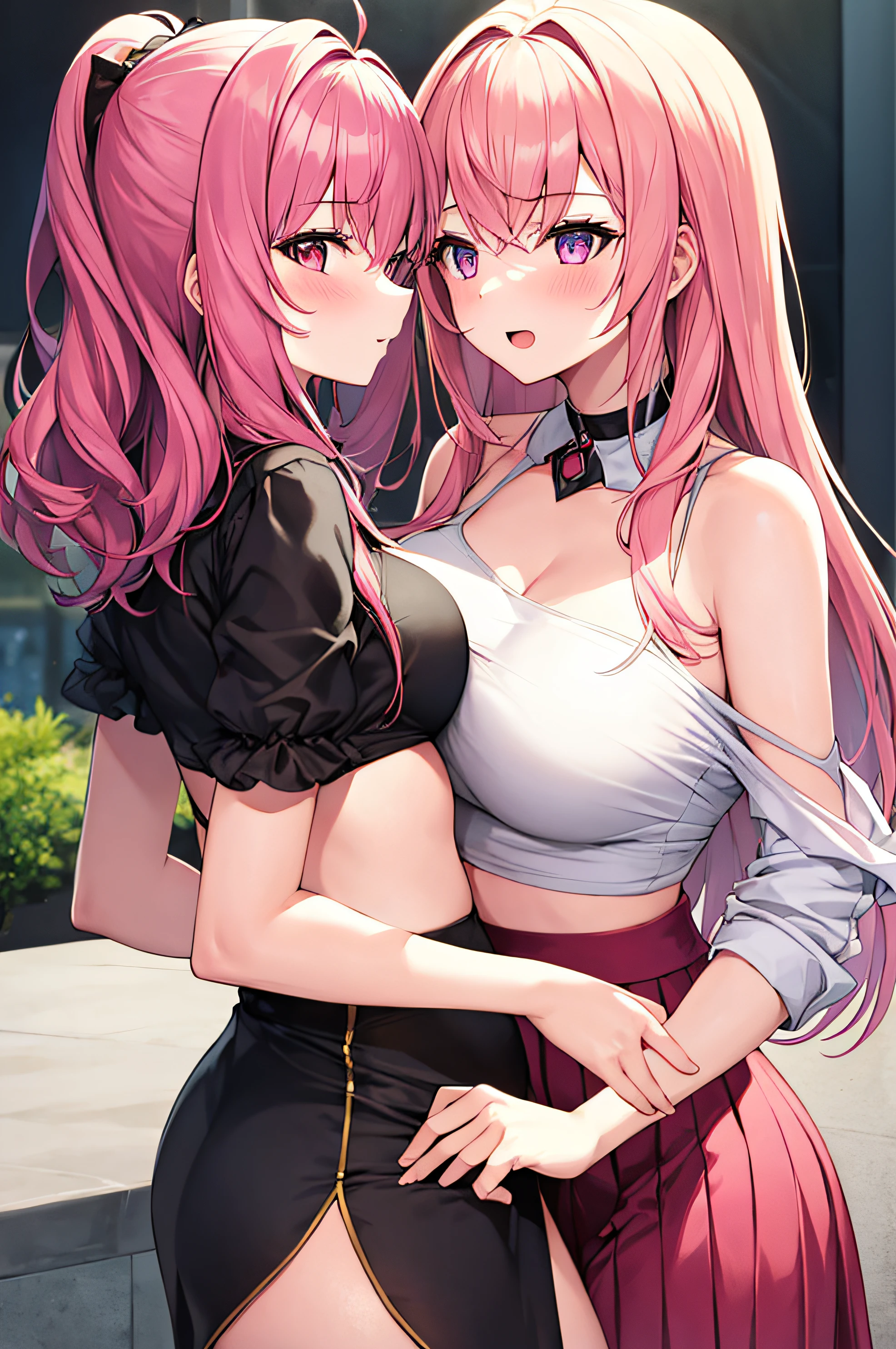 2girls,Pink hair,Rubbing each other's breasts