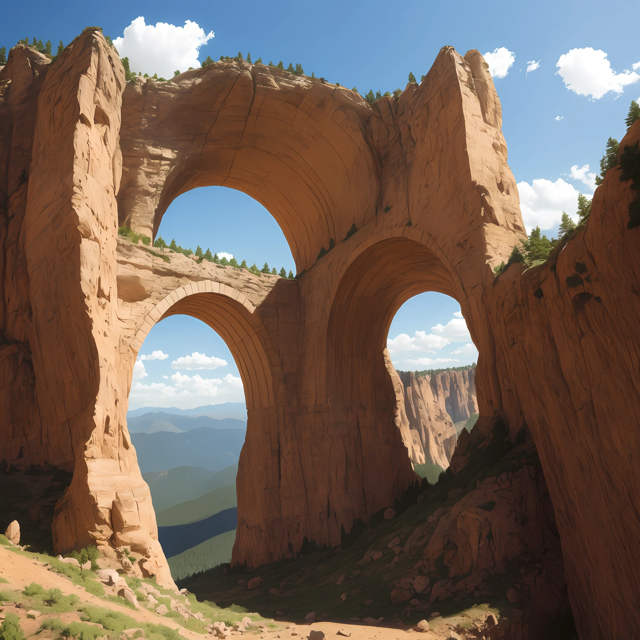 Perspective heads-up,At the top of a rocky mountain,There are round arches,The arch is hollowed out in the middle,The background is majestic and atmospheric --auto