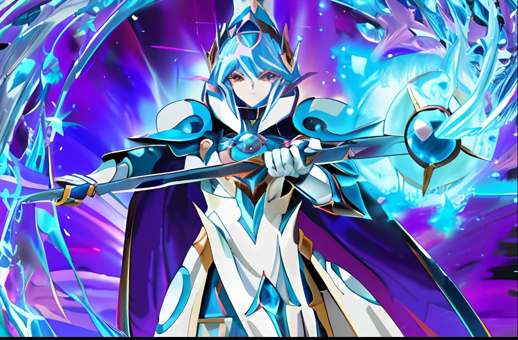 Close-up of a woman holding a sword and a ball, yugioh art style, full portrait of magical knight, Yugioh artwork, Ice Mage, yugioh style, Water armor, sliver ice color reflected armor, full portrait of electromancer, warlock sumerge, wind wizard, yugioh card, Battle Mage, Mage, yugioh