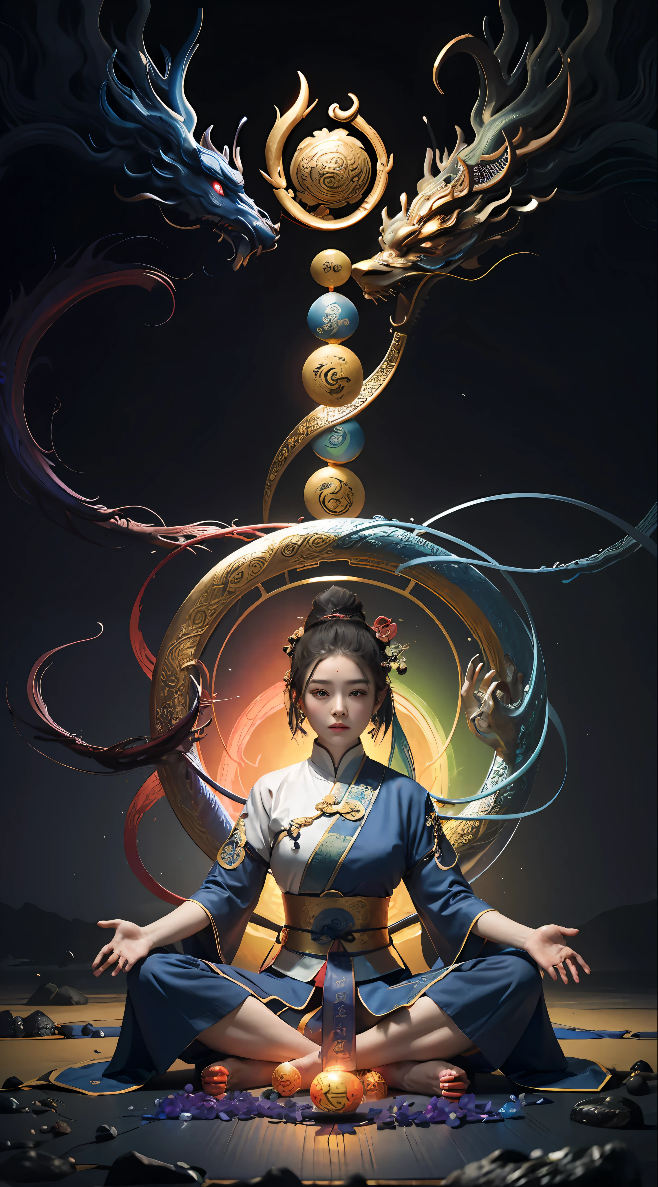 (harmony, balance, yin-yang), Chinese silk painting, Tai Chi principles, fluid motion, interconnected elements, the interplay of contrasting forces, Daoist philosophy, a touch of the I Ching, warm and cool color palette, reflective art, inspired by Laozi, Zhuangzi, Yin Yang diagrams, Taijitu, the Bagua, the fusion of the spiritual and the physical,1girl,solo, grabbing breasts,, daoist, summon magic, cinematic lighting, fire and ice split, bagua background, circular bagua, yi yang, daoist practice, mediation sit, buddha sit, spiral loong, cloud loong at the top,