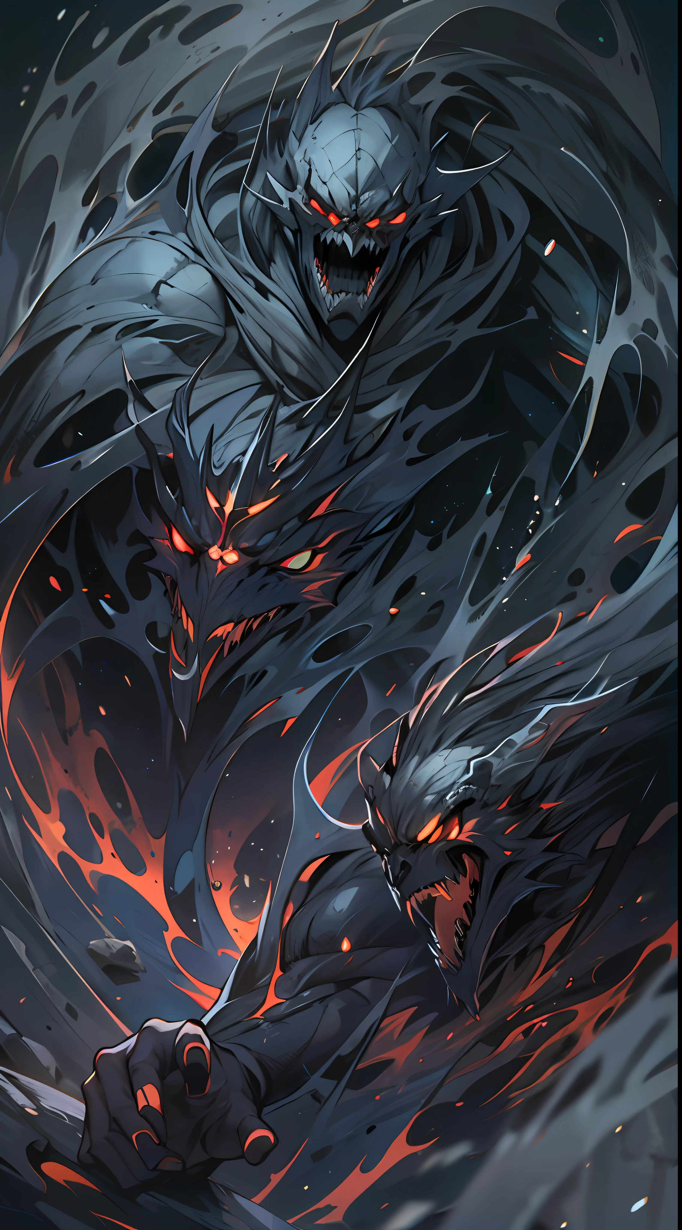 A huge evil spirit, radiating dark energy, decides to self-destruct, mocking the team's powerlessness with a voice full of sarcasm and malice, surrounded by a dark aura, , 32k, best quality, masterpiece, super detail, high details
